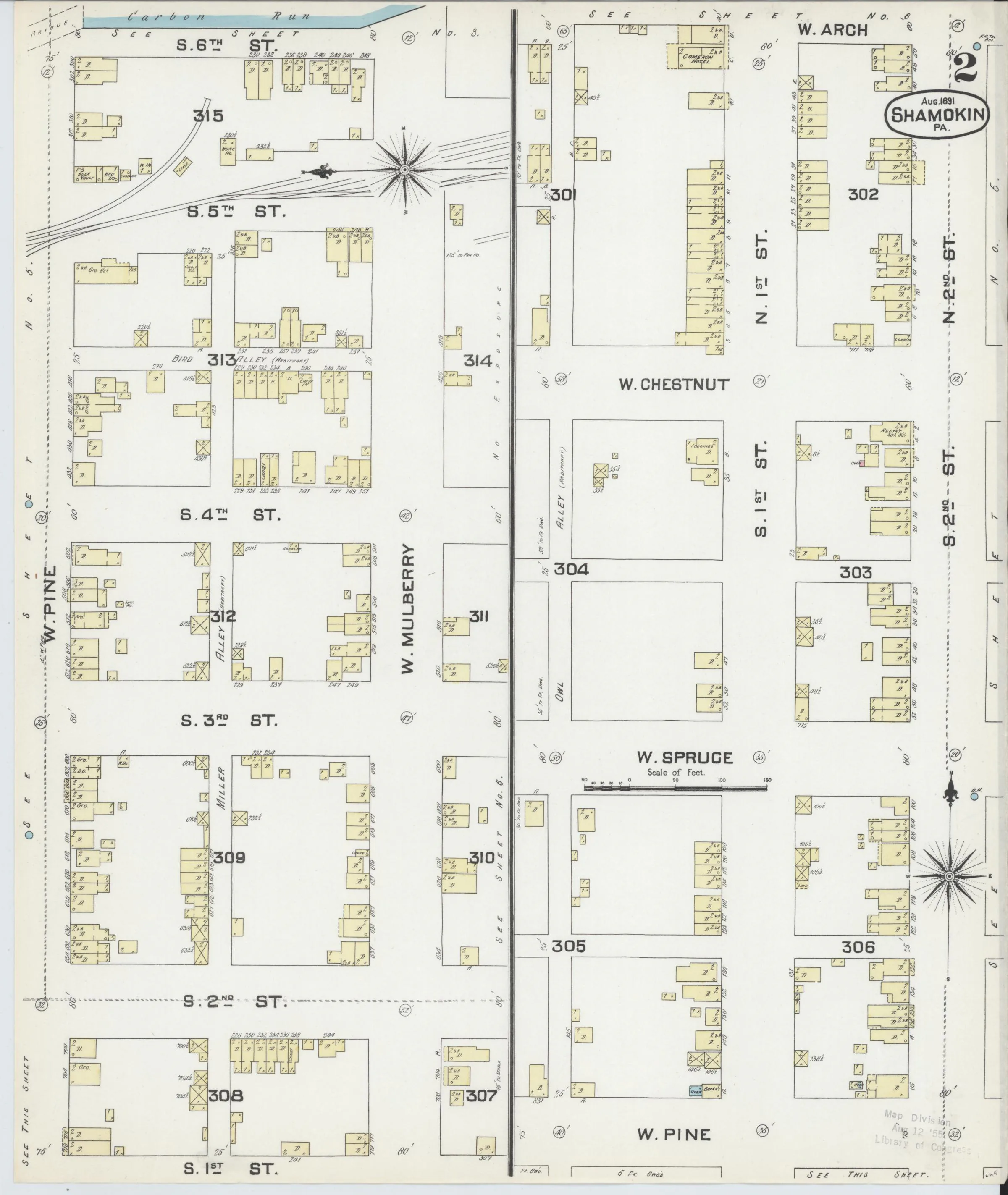 Page 2 of the August 1891 Shamokin Sanborn fire-insurance maps; streets, building footprints, and map symbols.