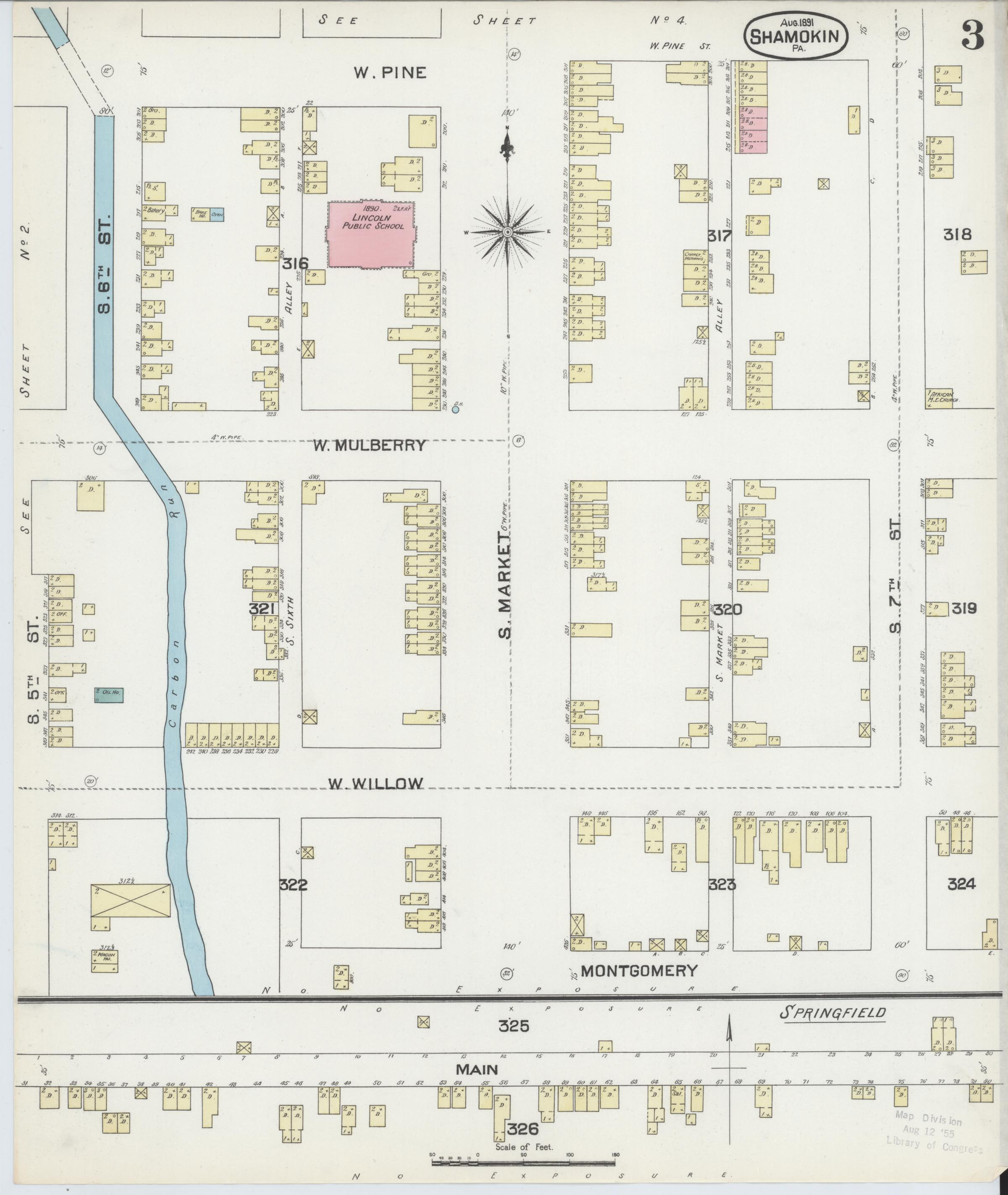 August 1891 Sanborn fire insurance map of Shamokin, Page 3.