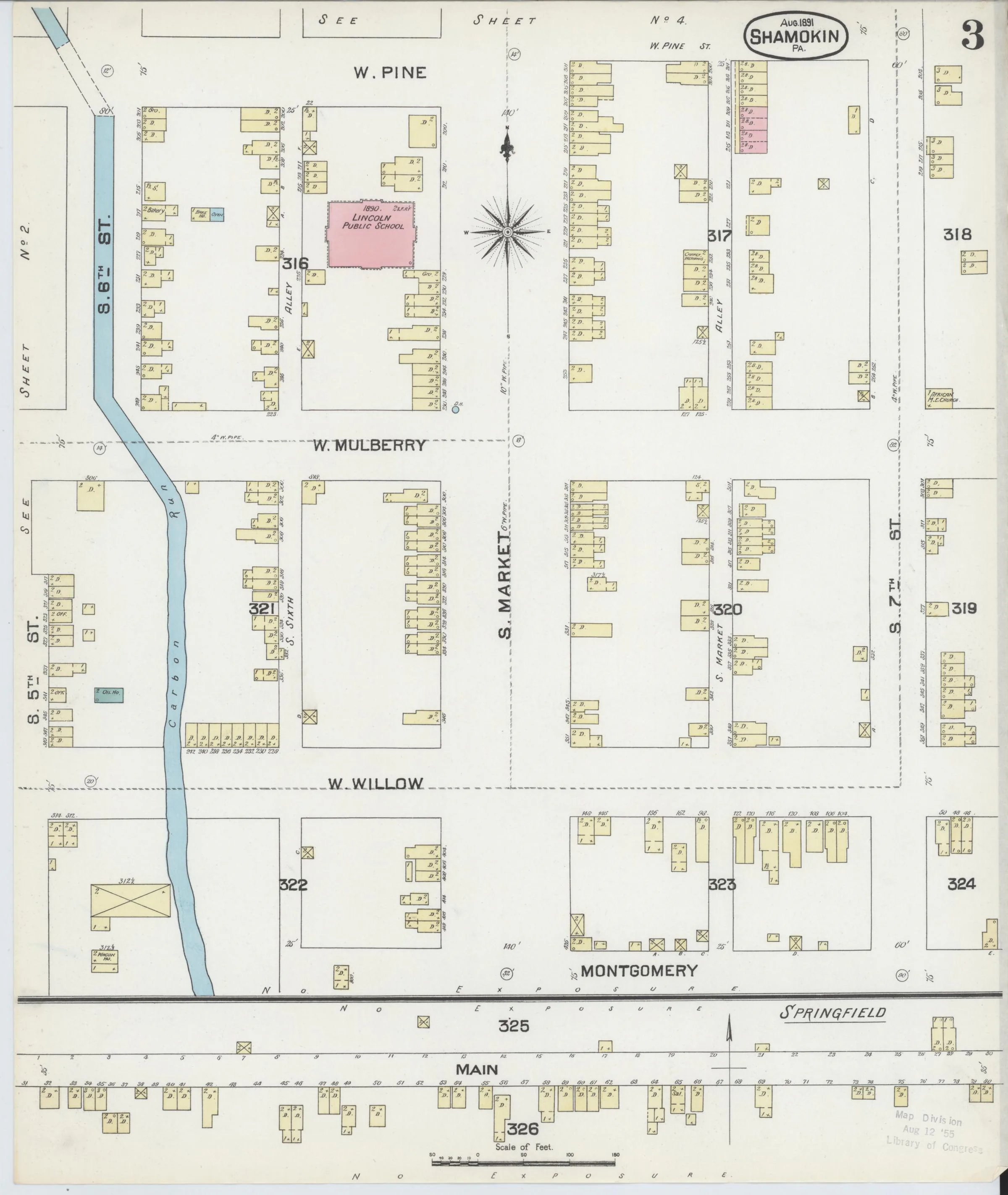 Page 3 of the August 1891 Shamokin Sanborn fire-insurance maps; streets, building footprints, and map symbols.