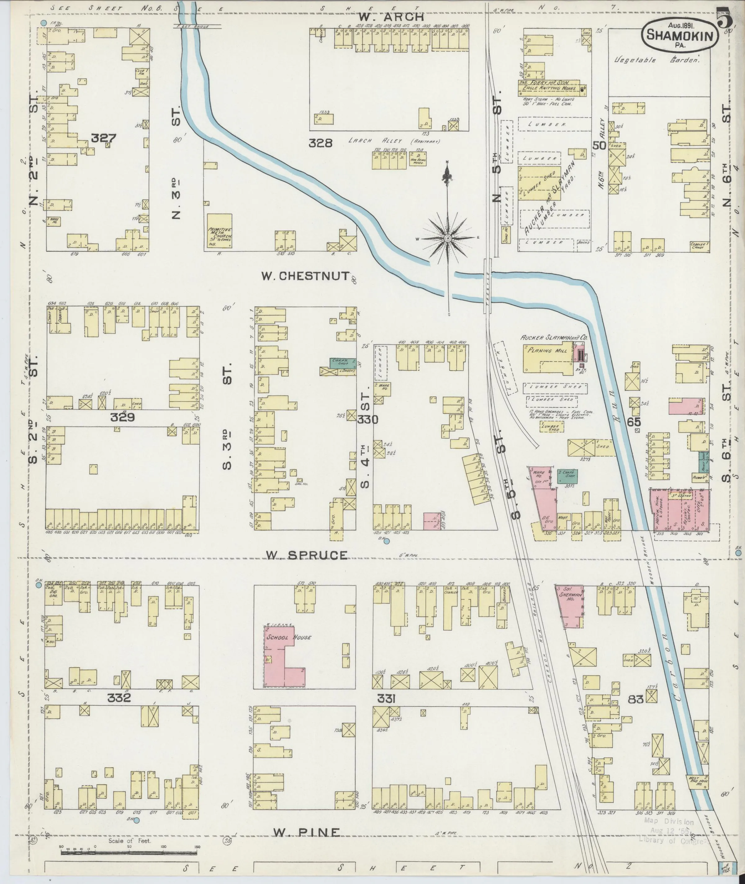 Page 5 of the August 1891 Shamokin Sanborn fire-insurance maps; streets, building footprints, and map symbols.
