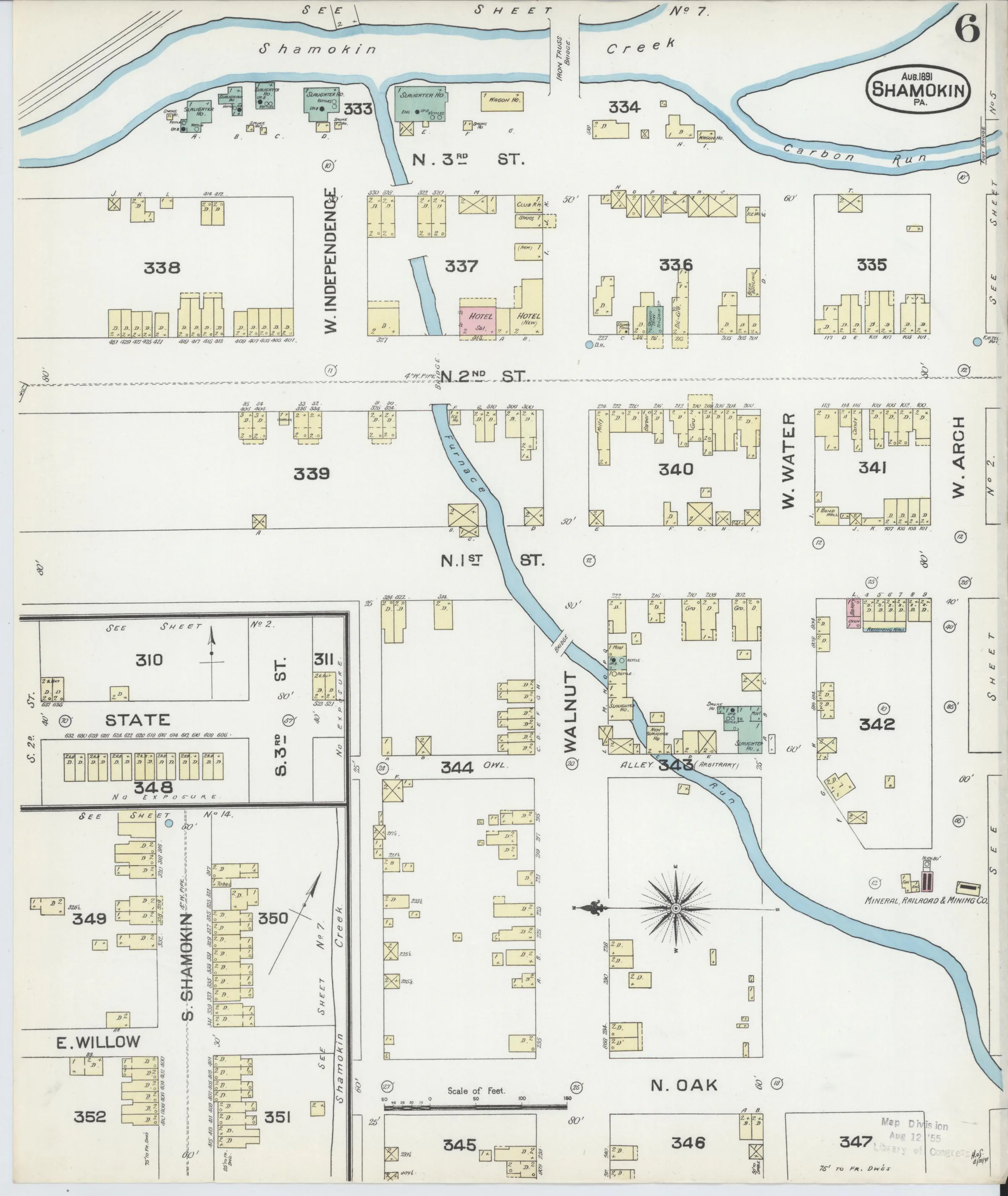 Page 6 of the August 1891 Shamokin Sanborn fire-insurance maps; streets, building footprints, and map symbols.