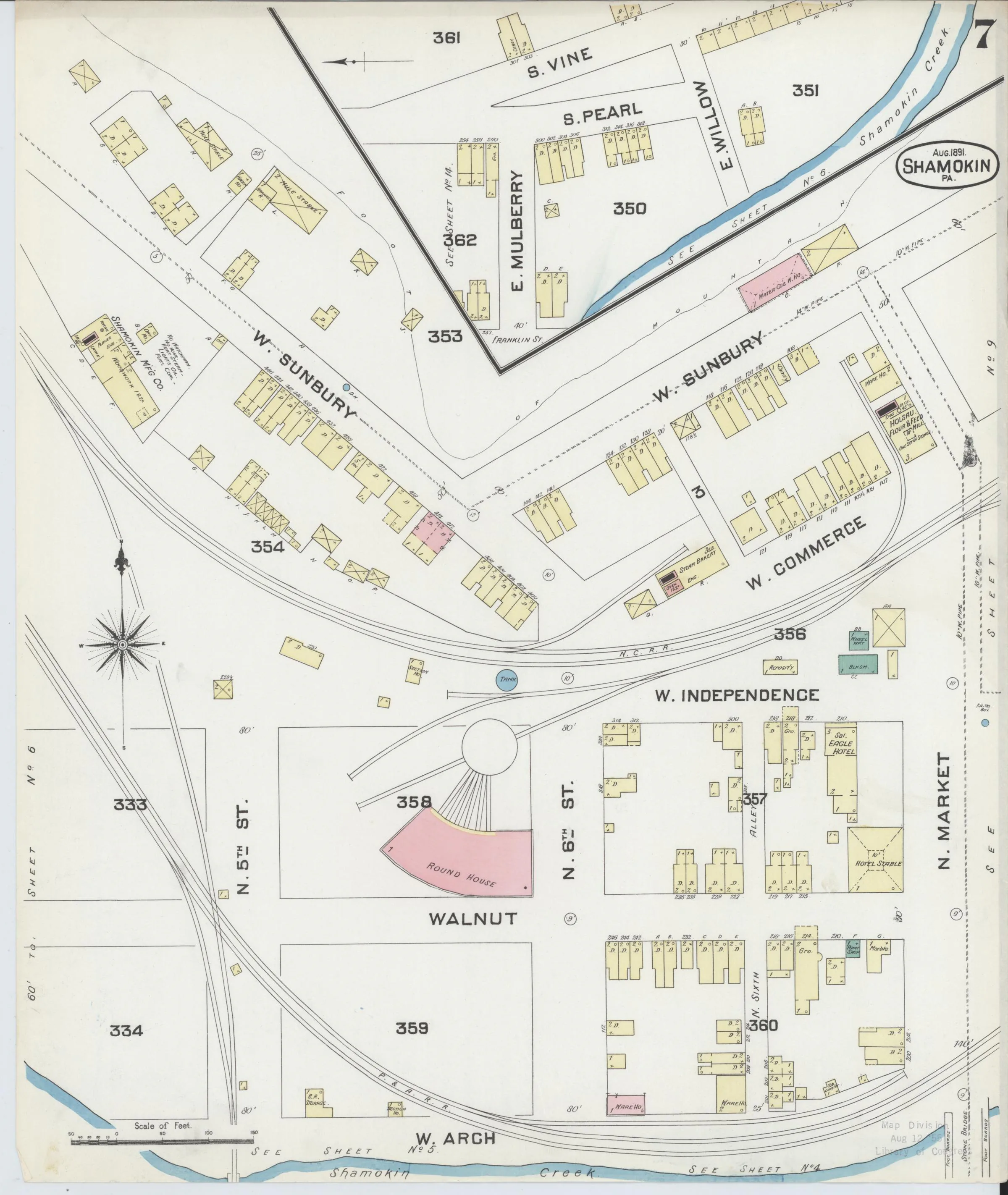 Page 7 of the August 1891 Shamokin Sanborn fire-insurance maps; streets, building footprints, and map symbols.