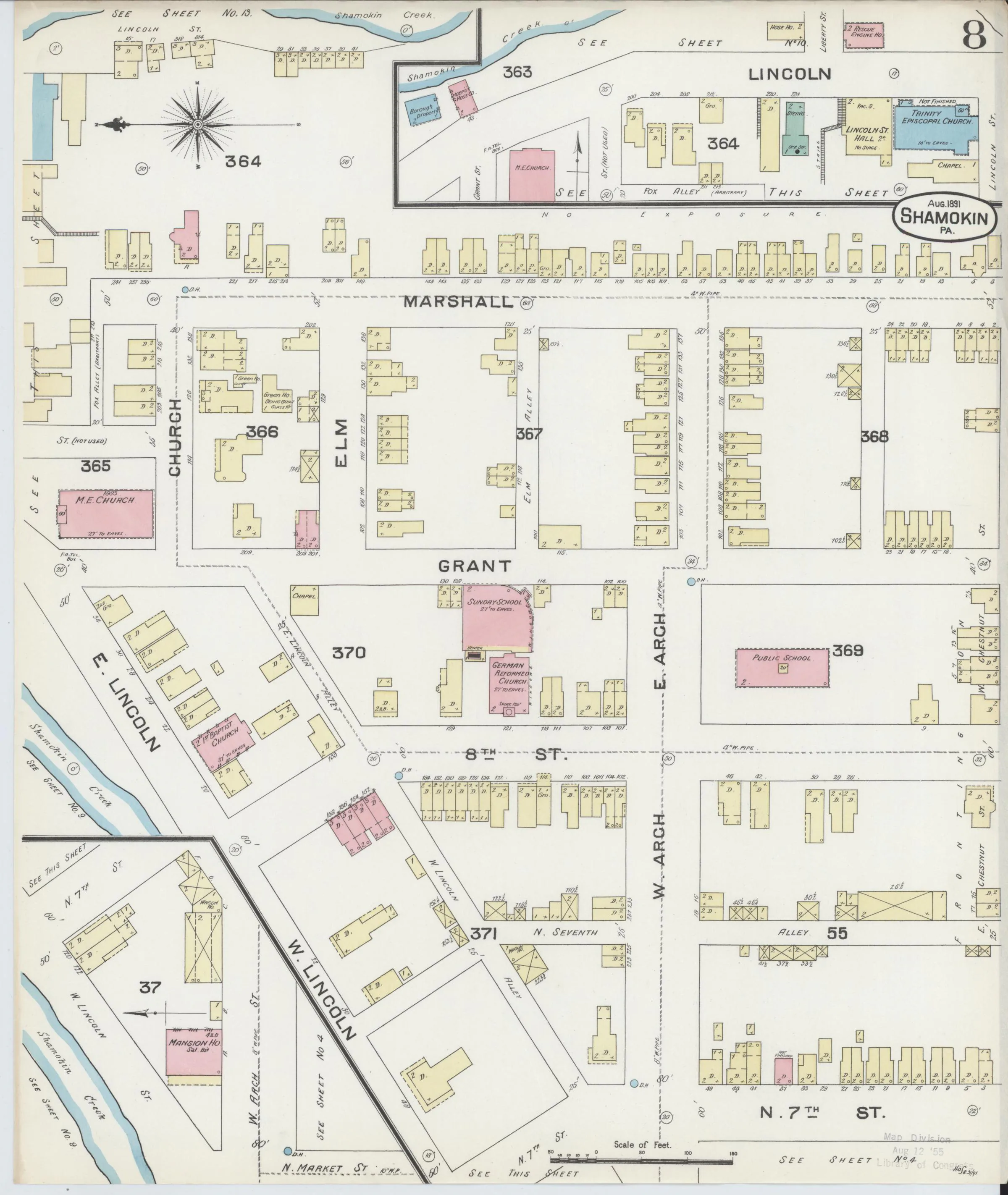 Page 8 of the August 1891 Shamokin Sanborn fire-insurance maps; streets, building footprints, and map symbols.