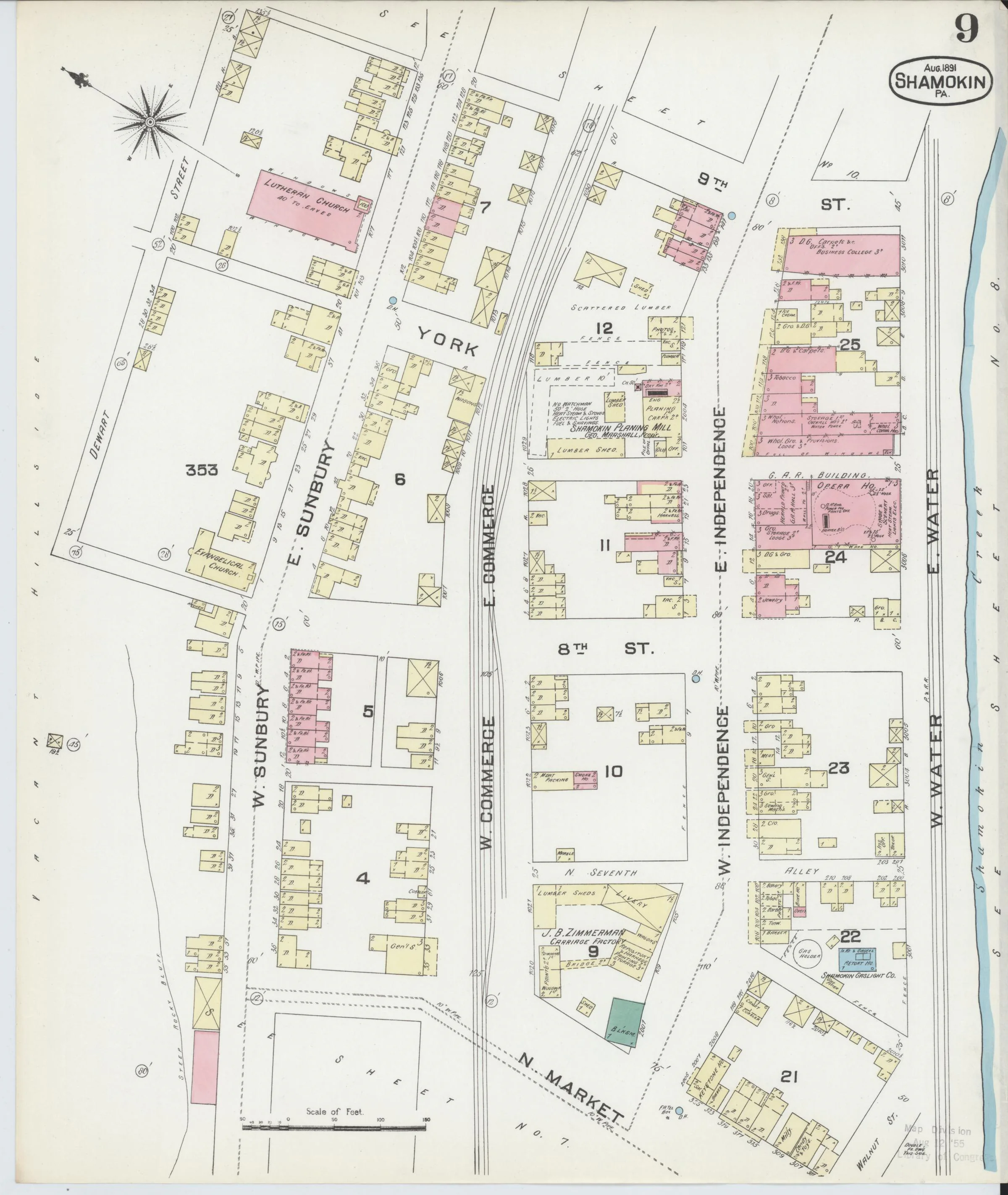 Page 9 of the August 1891 Shamokin Sanborn fire-insurance maps; streets, building footprints, and map symbols.