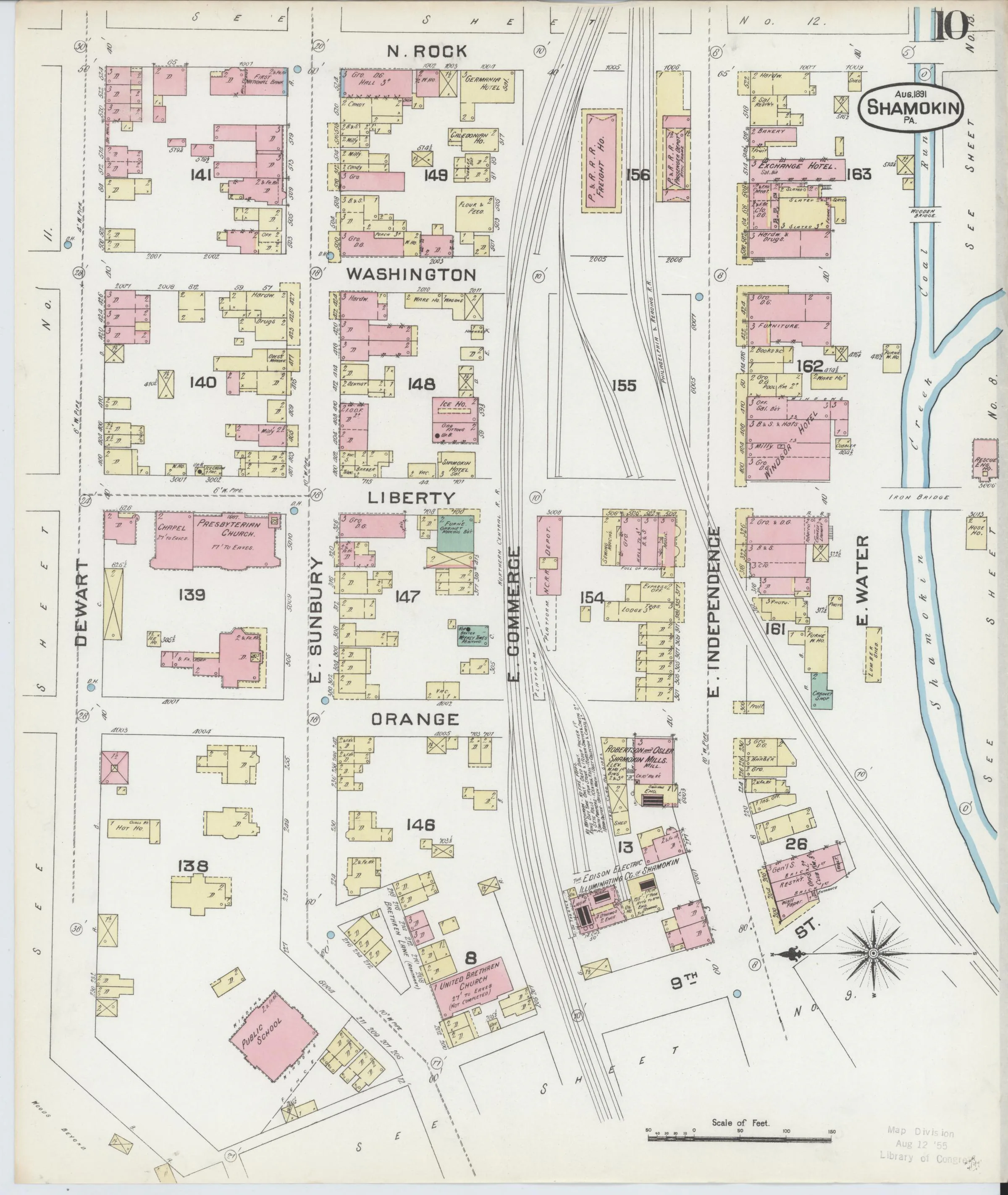 Page 10 of the August 1891 Shamokin Sanborn fire-insurance maps; streets, building footprints, and map symbols.