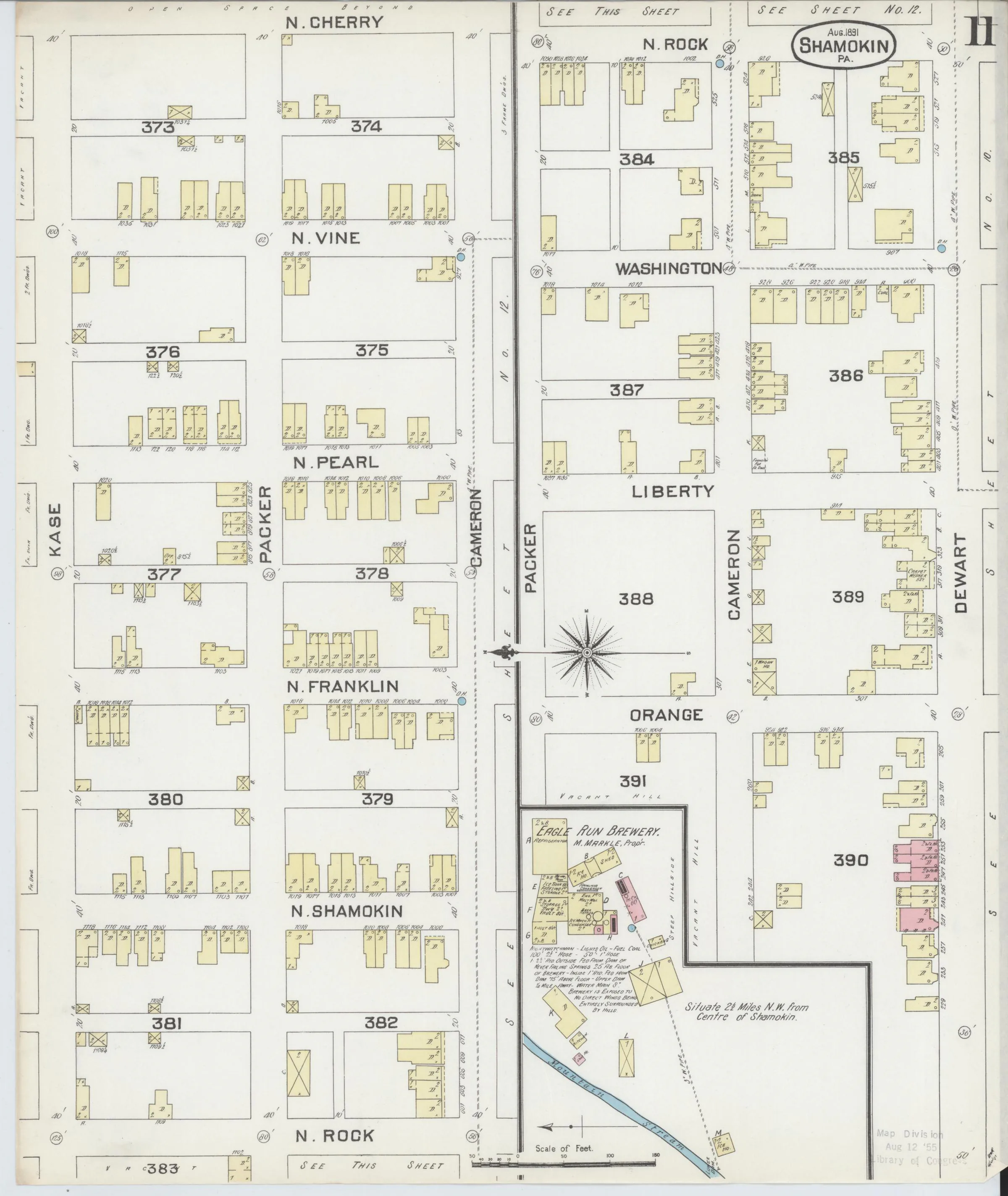 Page 11 of the August 1891 Shamokin Sanborn fire-insurance maps; streets, building footprints, and map symbols.