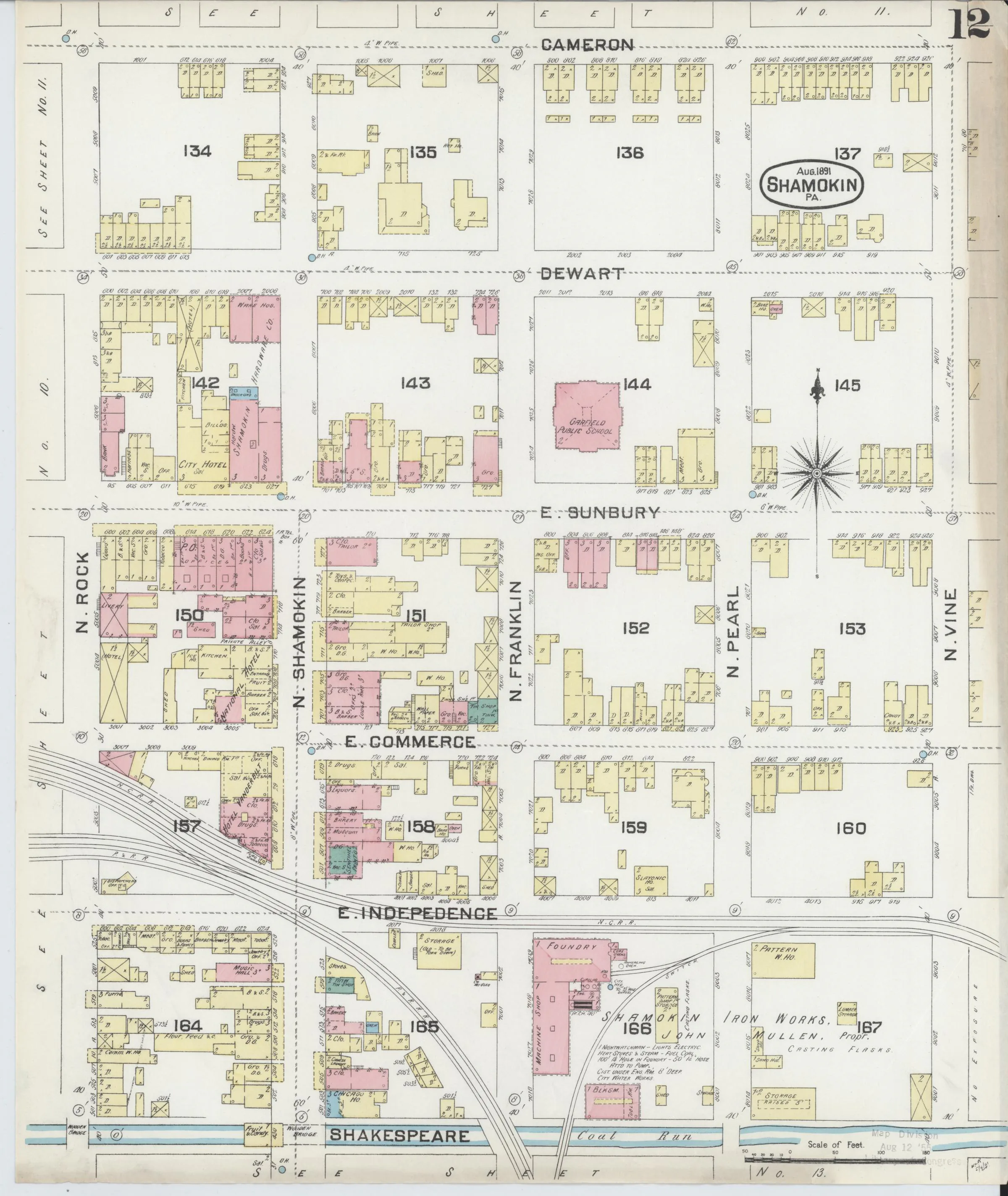 Page 12 of the August 1891 Shamokin Sanborn fire-insurance maps; streets, building footprints, and map symbols.