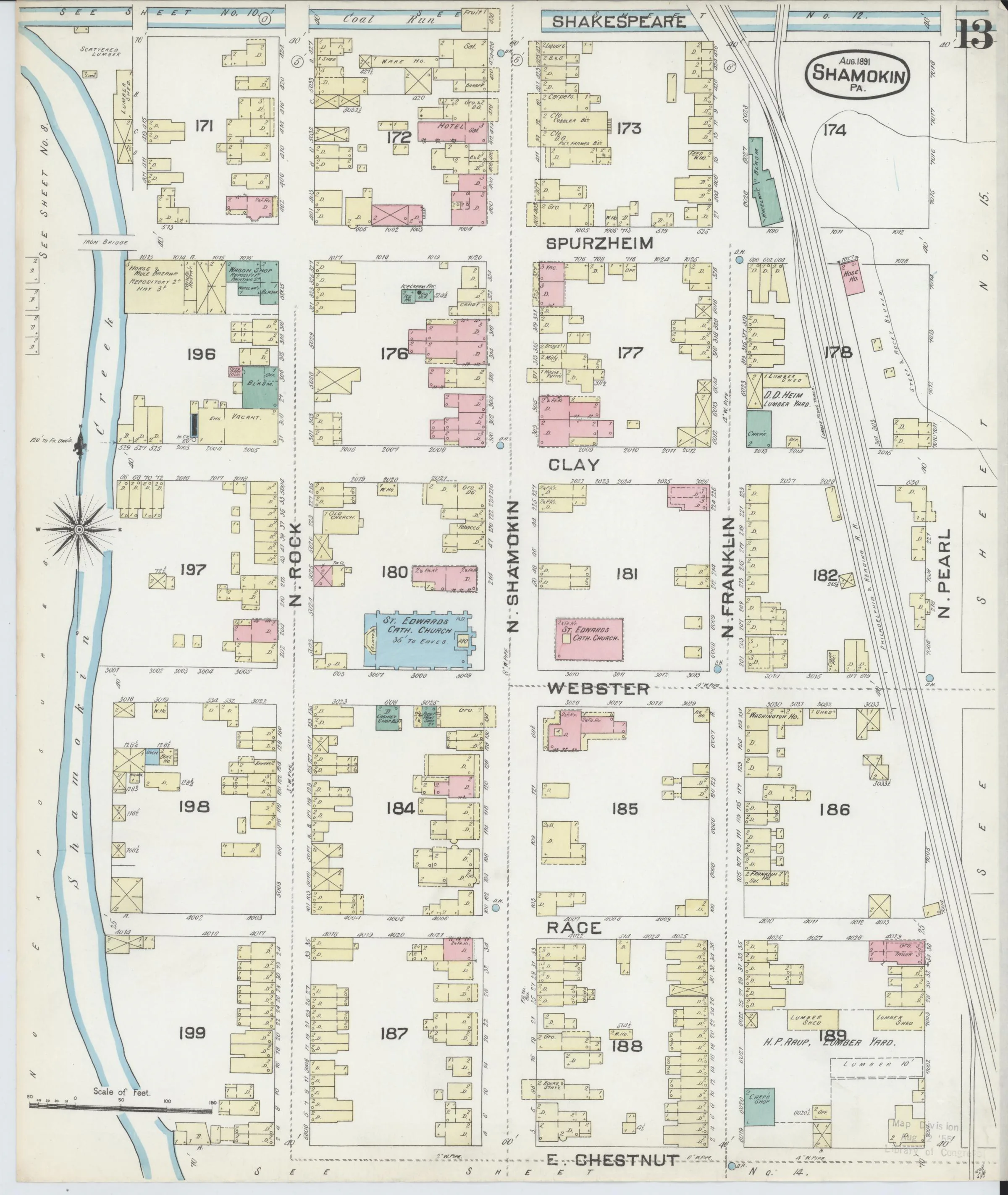 Page 13 of the August 1891 Shamokin Sanborn fire-insurance maps; streets, building footprints, and map symbols.