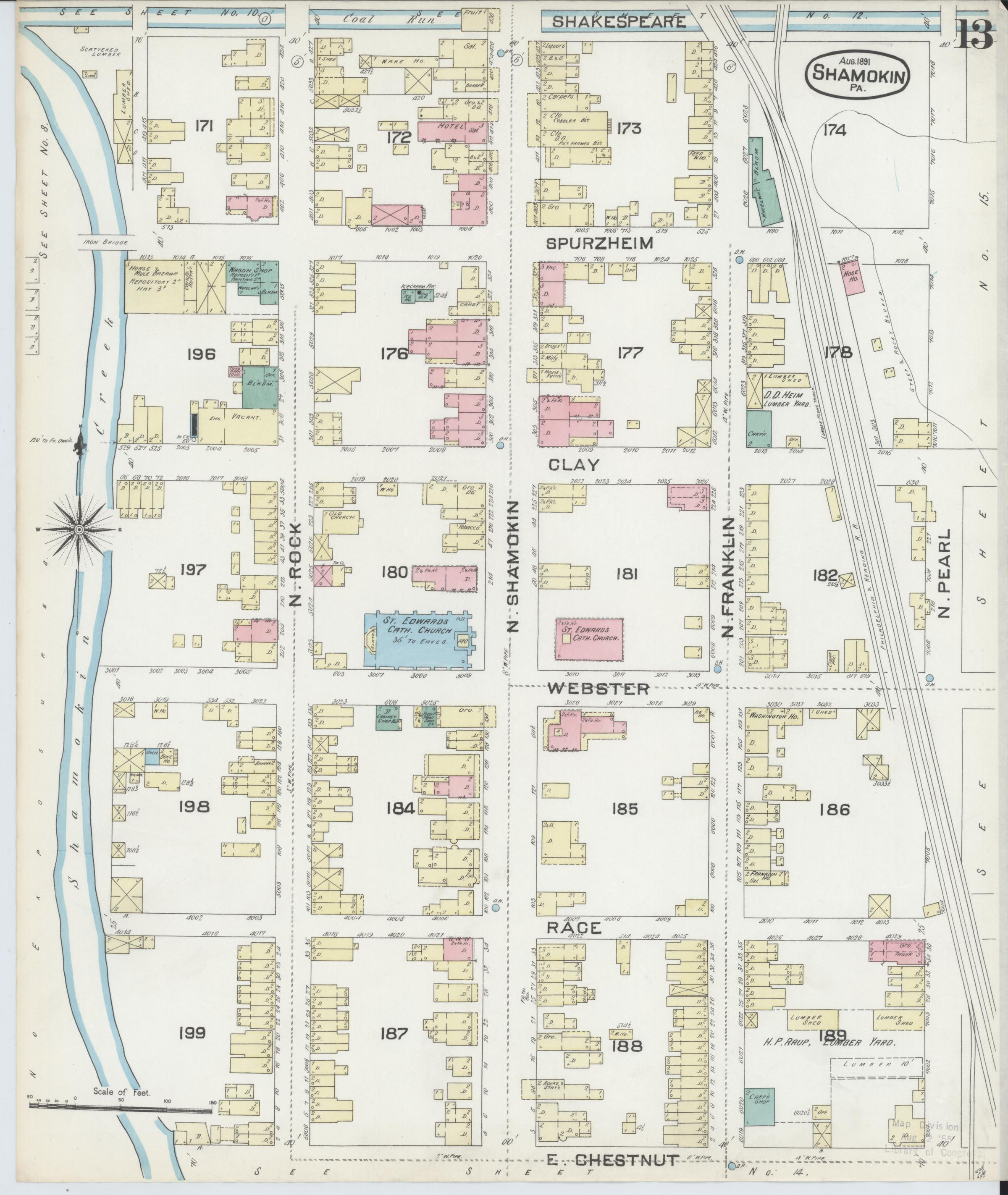 August 1891 Sanborn fire insurance map of Shamokin, Page 13.