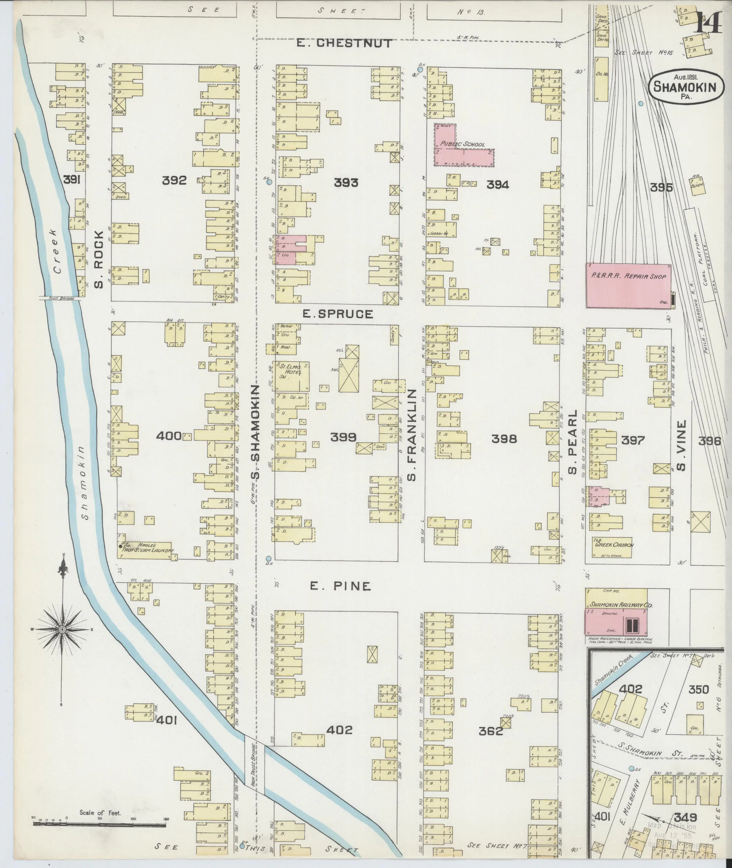 Page 14 of the August 1891 Shamokin Sanborn fire-insurance maps; streets, building footprints, and map symbols.
