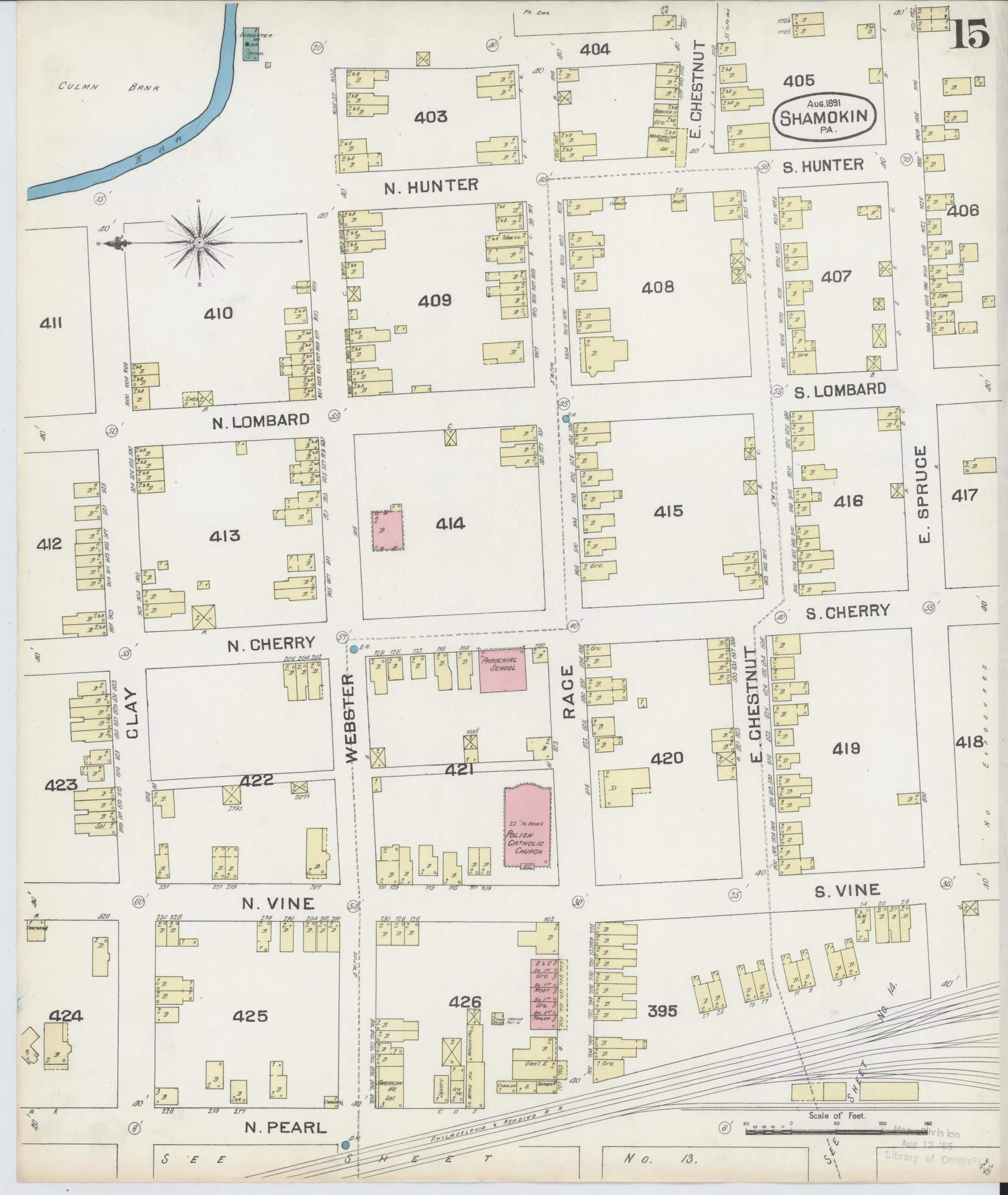 Page 15 of the August 1891 Shamokin Sanborn fire-insurance maps; streets, building footprints, and map symbols.