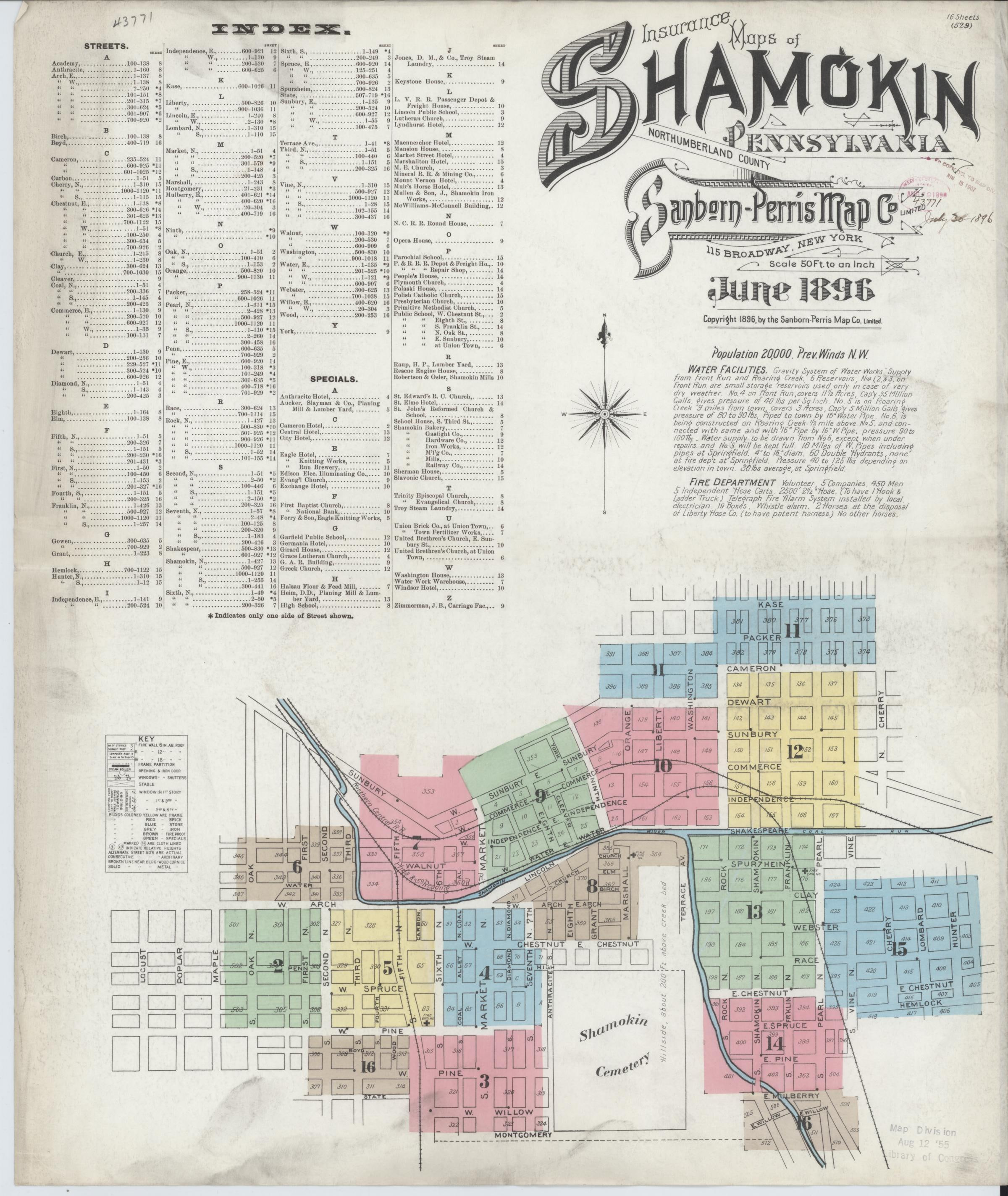June 1896 Sanborn fire insurance map of Shamokin, Page 1.