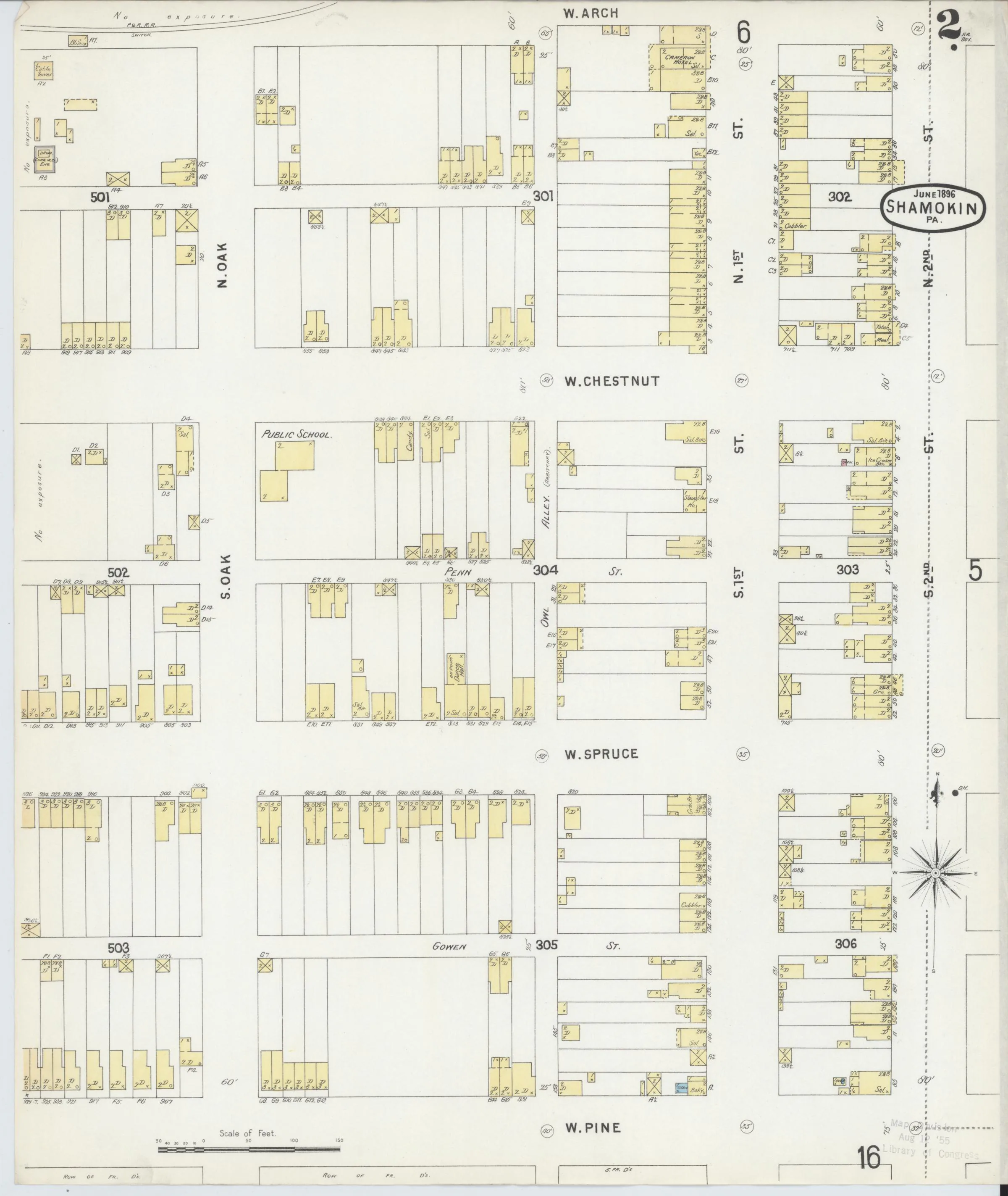 Page 2 of the June 1896 Shamokin Sanborn fire-insurance maps; streets, building footprints, and map symbols.