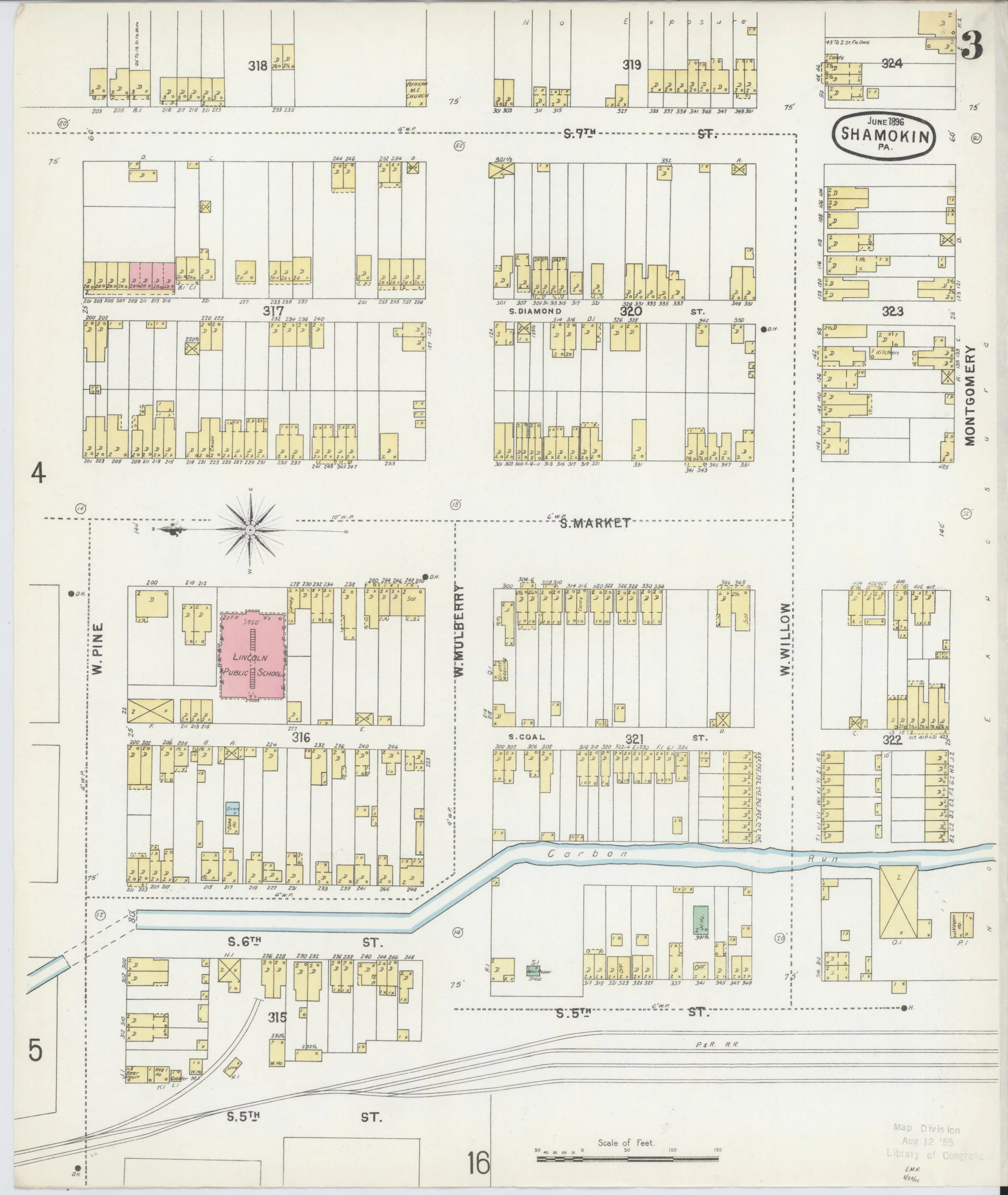 Page 3 of the June 1896 Shamokin Sanborn fire-insurance maps; streets, building footprints, and map symbols.