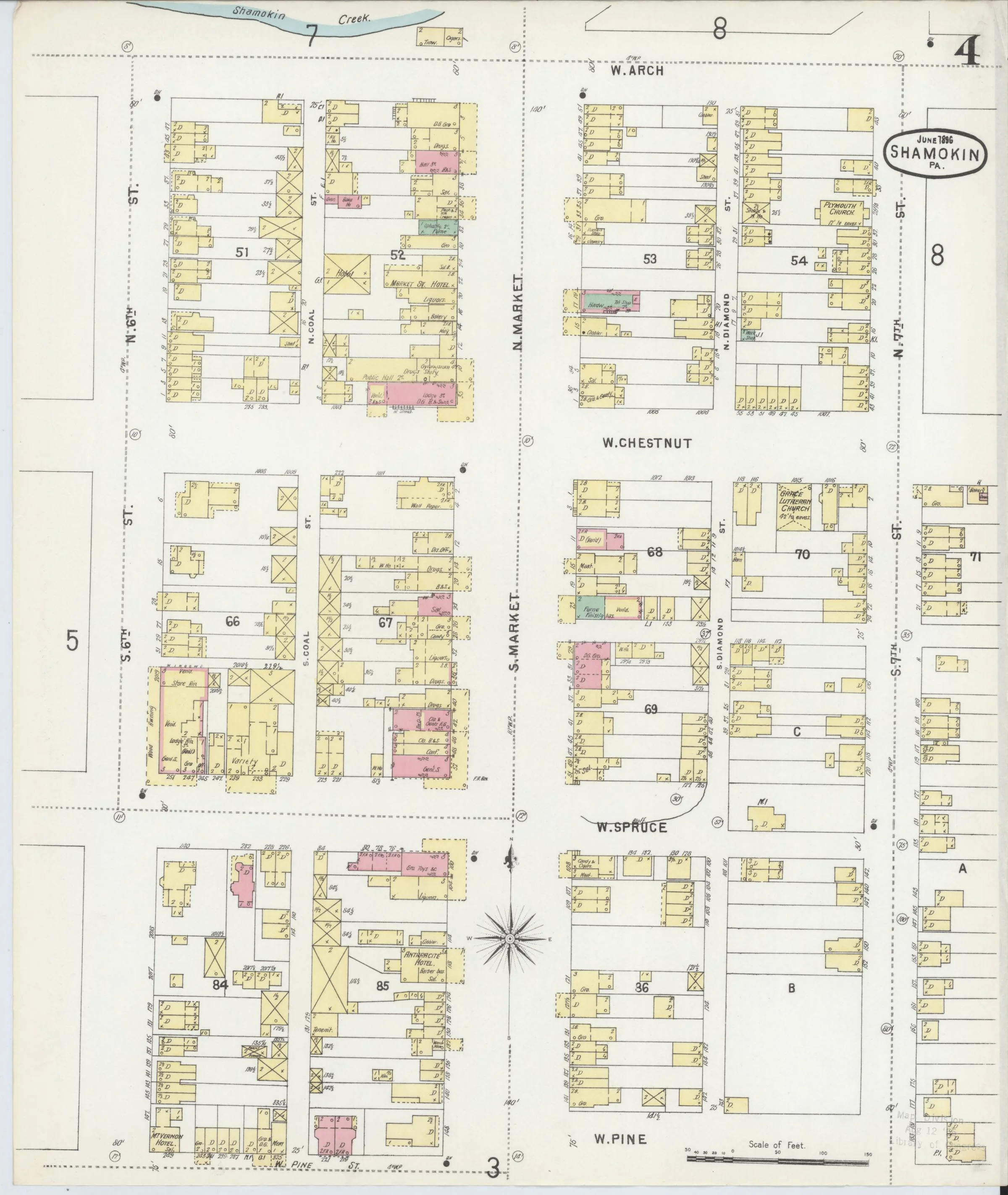 Page 4 of the June 1896 Shamokin Sanborn fire-insurance maps; streets, building footprints, and map symbols.