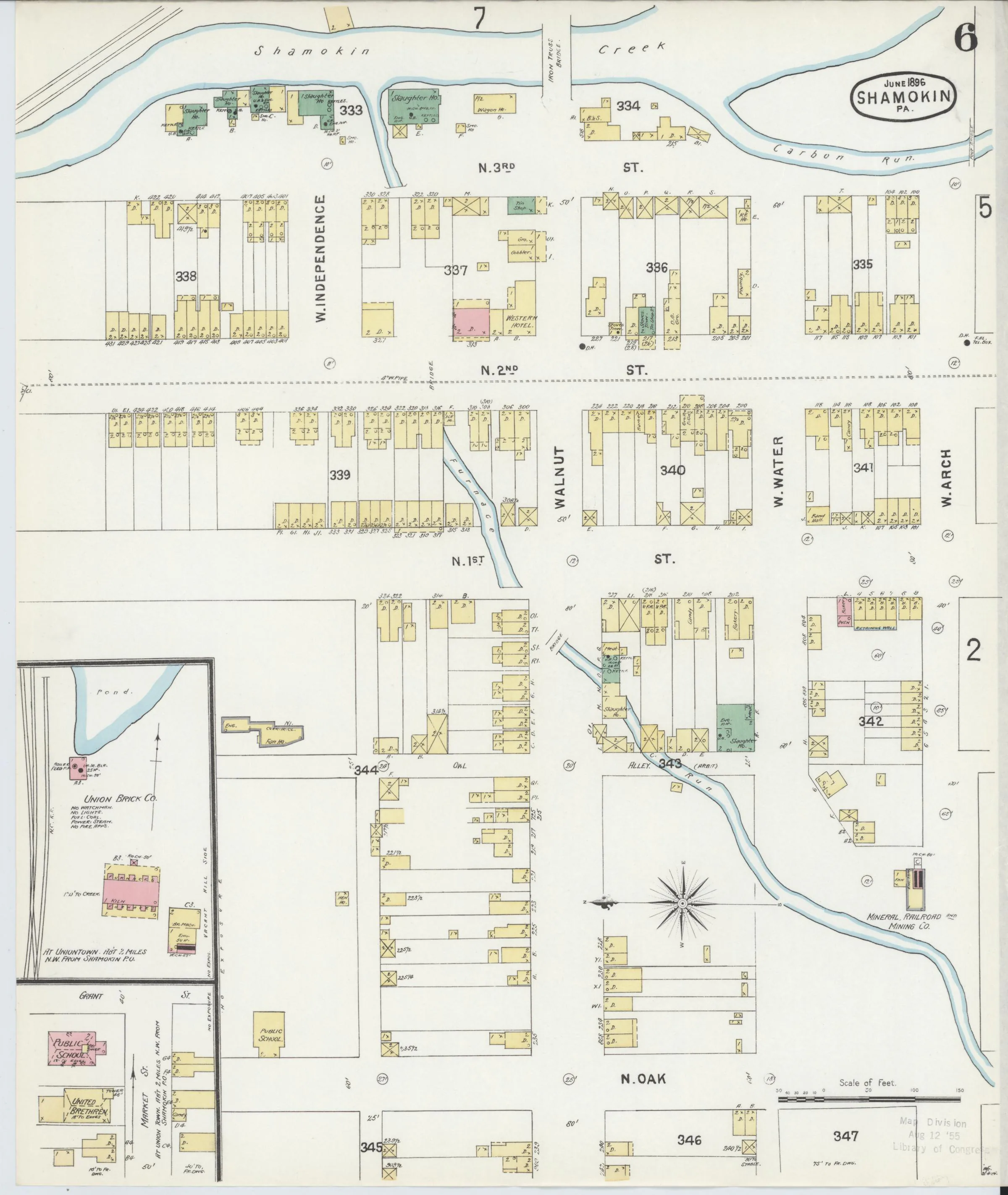 Page 6 of the June 1896 Shamokin Sanborn fire-insurance maps; streets, building footprints, and map symbols.