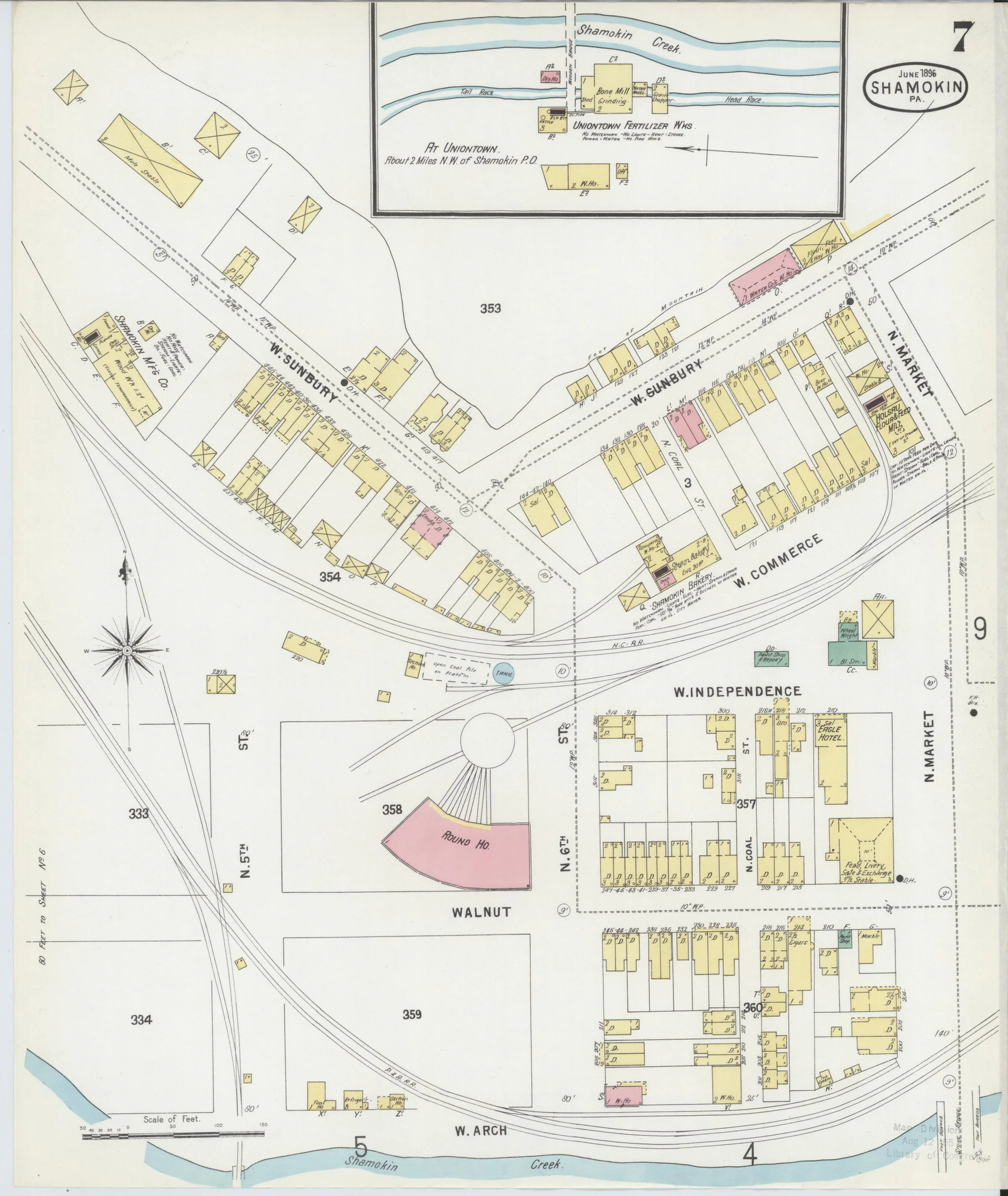 Page 7 of the June 1896 Shamokin Sanborn fire-insurance maps; streets, building footprints, and map symbols.