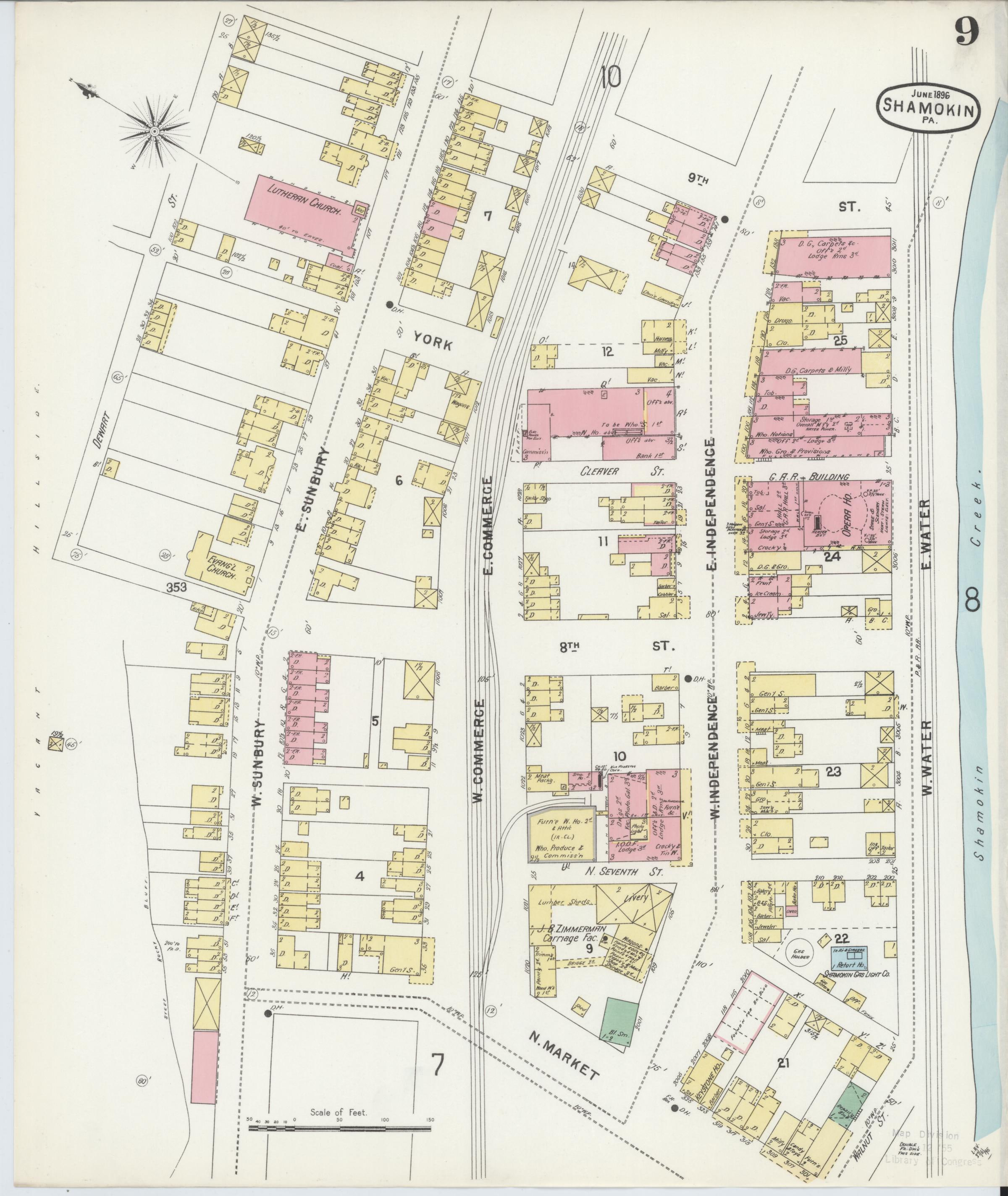 June 1896 Sanborn fire insurance map of Shamokin, Page 9.
