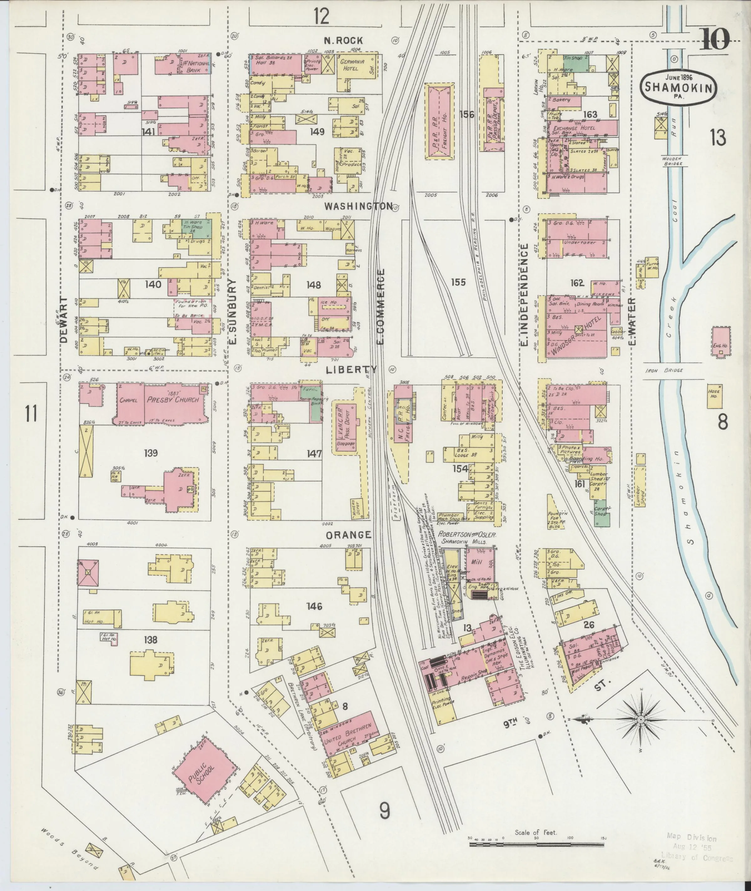 Page 10 of the June 1896 Shamokin Sanborn fire-insurance maps; streets, building footprints, and map symbols.