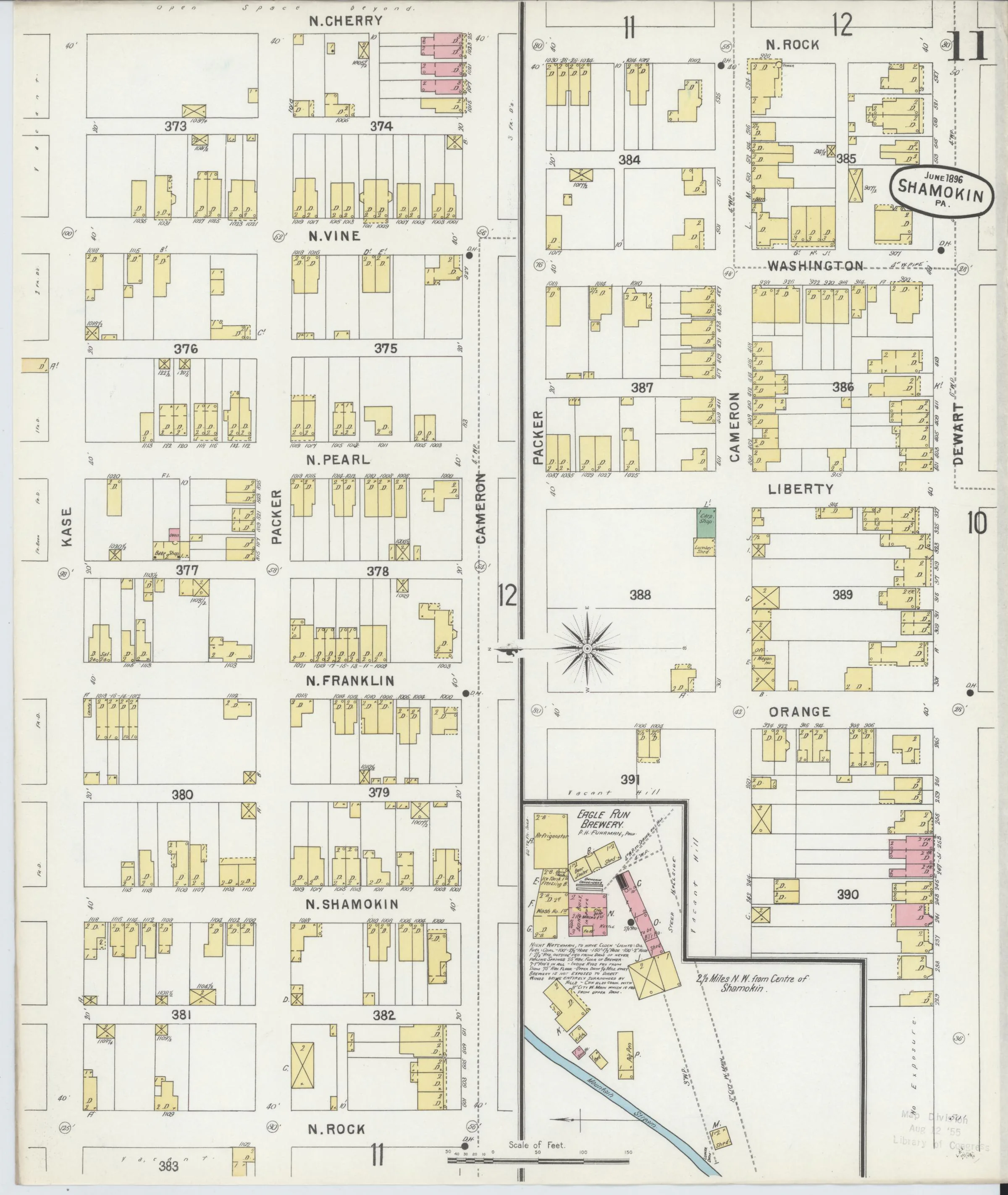 Page 11 of the June 1896 Shamokin Sanborn fire-insurance maps; streets, building footprints, and map symbols.