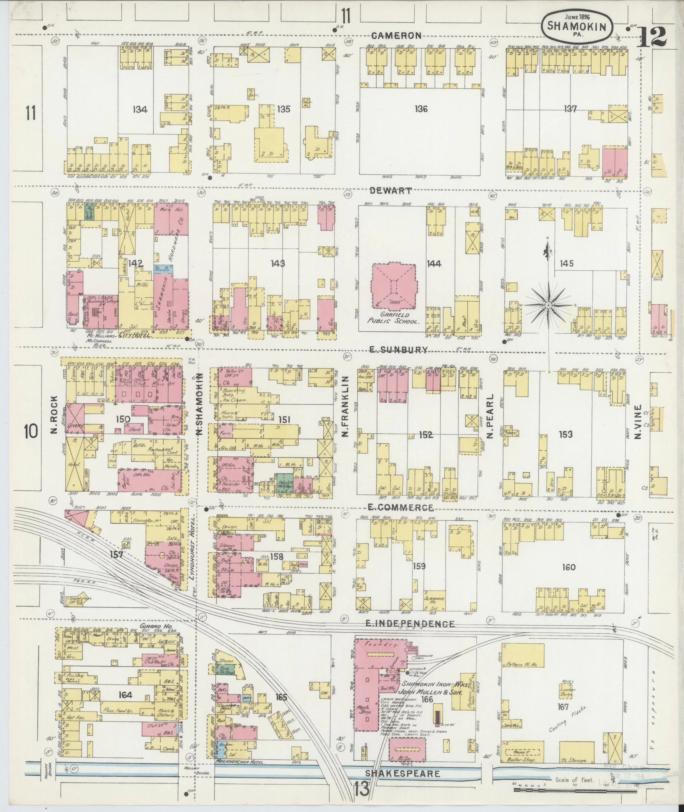 Page 12 of the June 1896 Shamokin Sanborn fire-insurance maps; streets, building footprints, and map symbols.