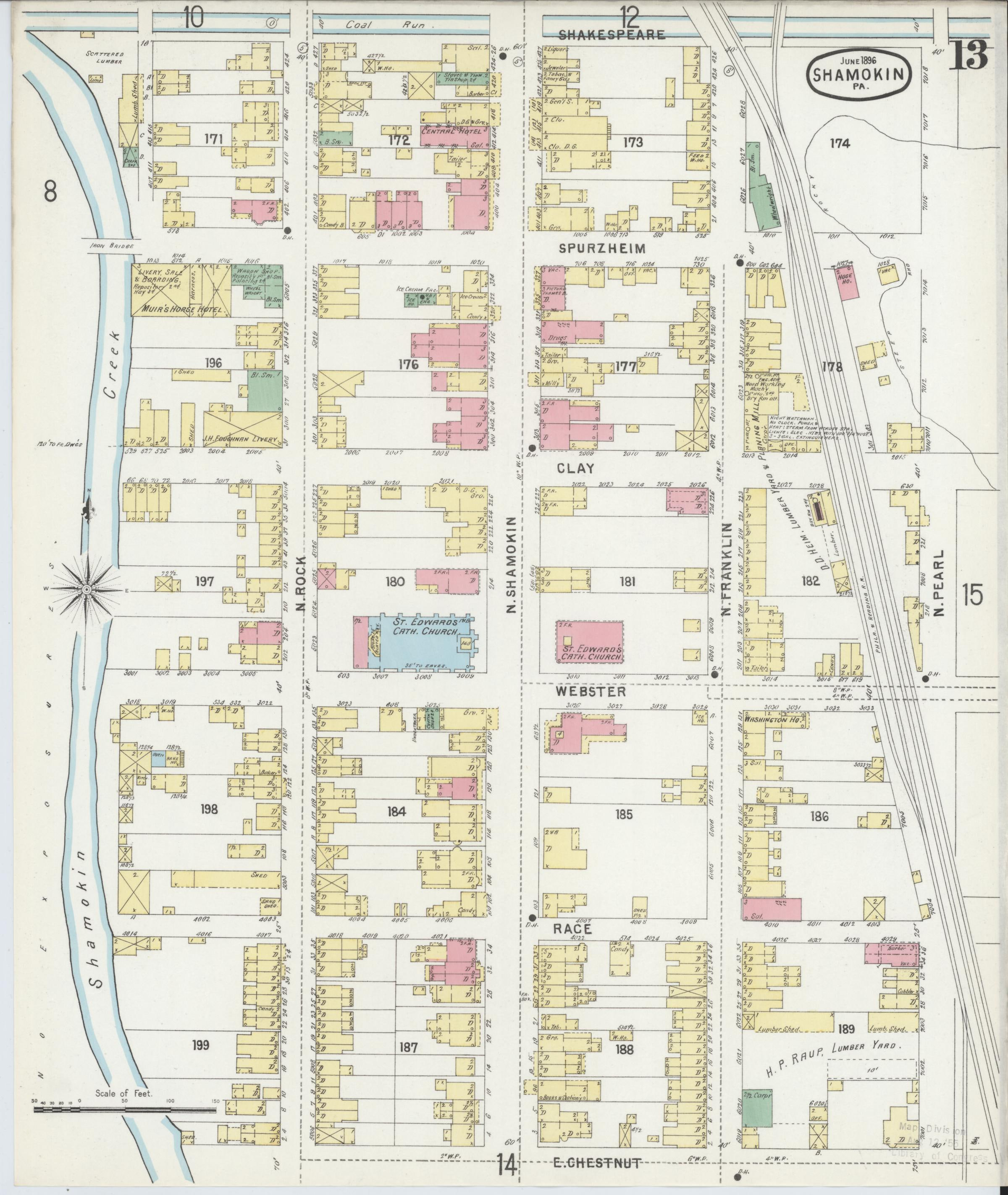 June 1896 Sanborn fire insurance map of Shamokin, Page 13.