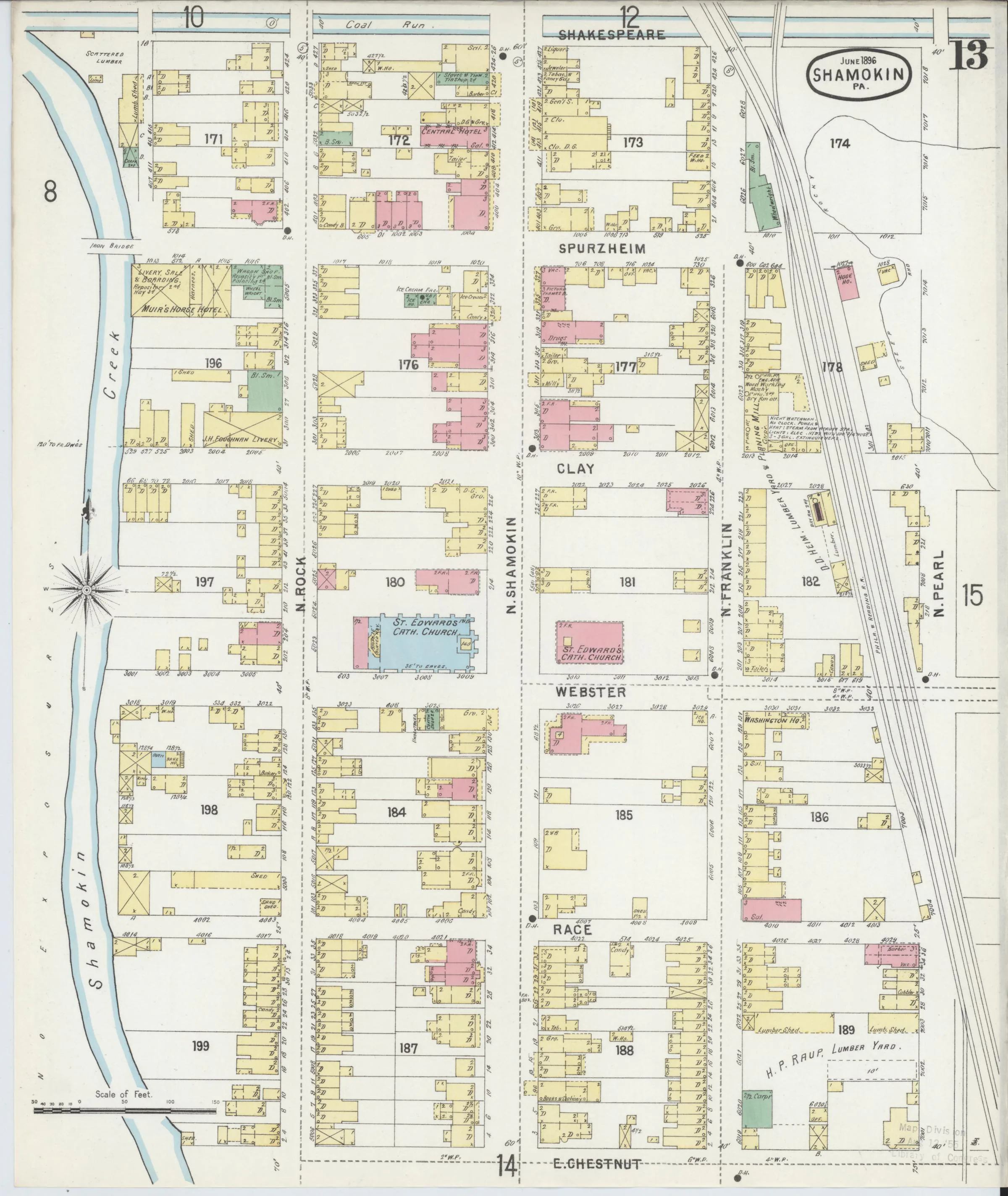 Page 13 of the June 1896 Shamokin Sanborn fire-insurance maps; streets, building footprints, and map symbols.