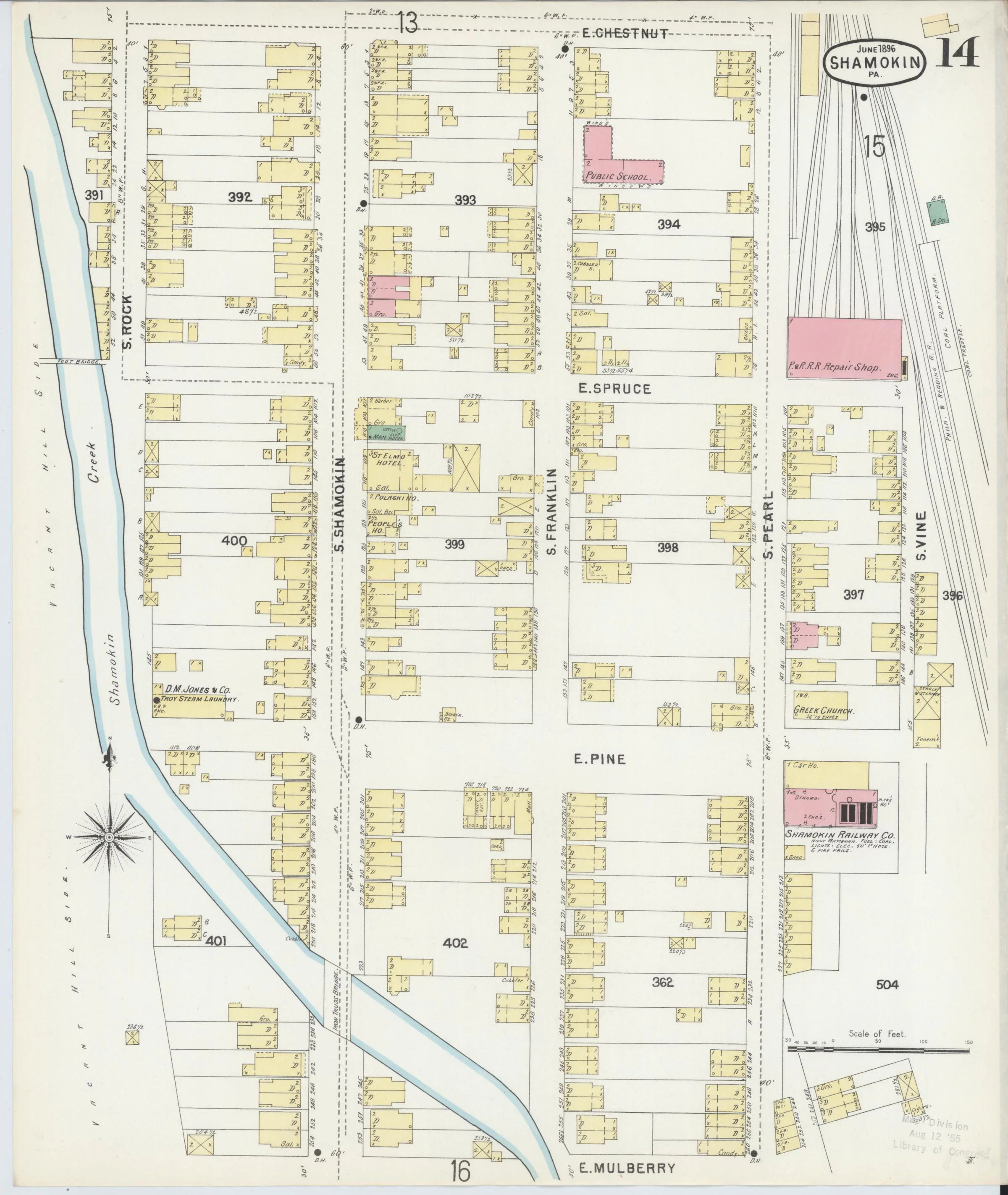 Page 14 of the June 1896 Shamokin Sanborn fire-insurance maps; streets, building footprints, and map symbols.