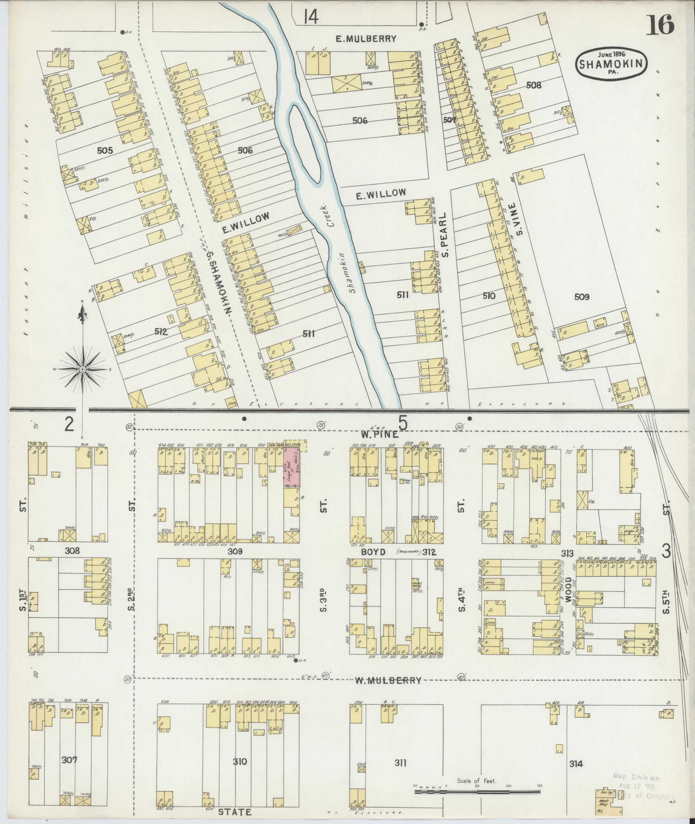 Page 16 of the June 1896 Shamokin Sanborn fire-insurance maps; streets, building footprints, and map symbols.