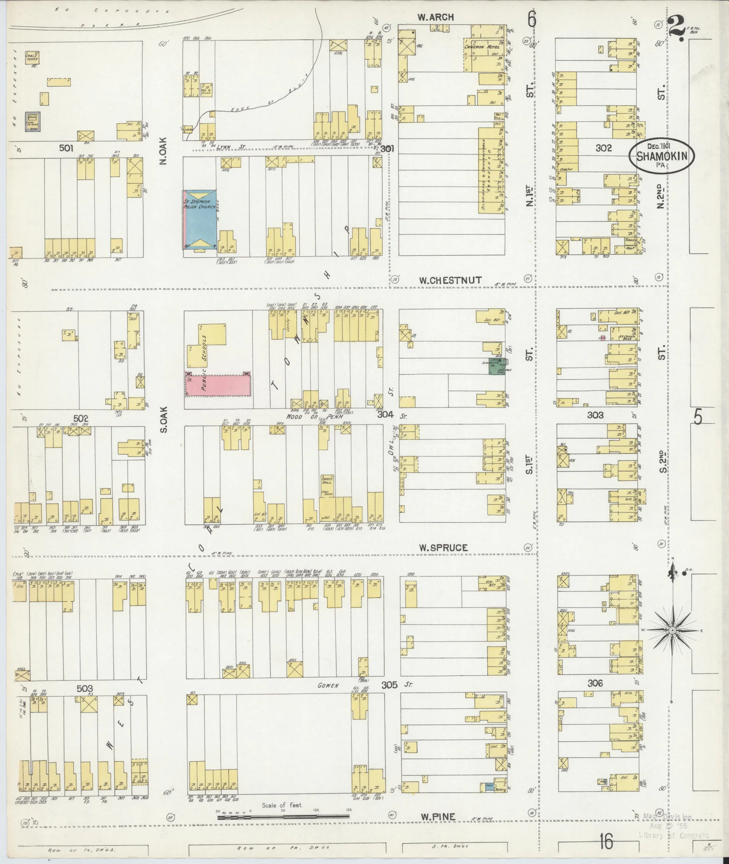 Page 2 of the December 1901 Shamokin Sanborn fire-insurance maps; streets, building footprints, and map symbols.