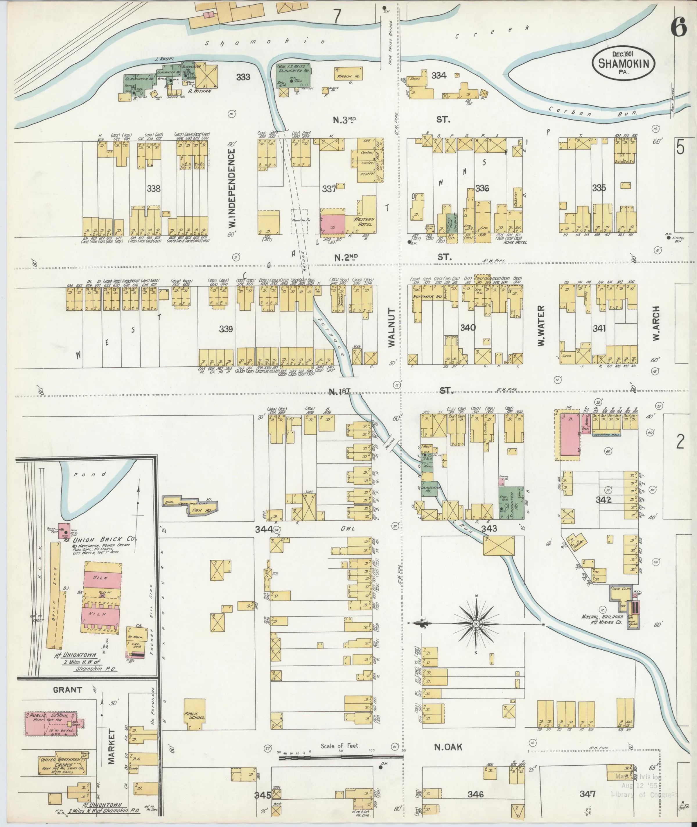 Page 6 of the December 1901 Shamokin Sanborn fire-insurance maps; streets, building footprints, and map symbols.
