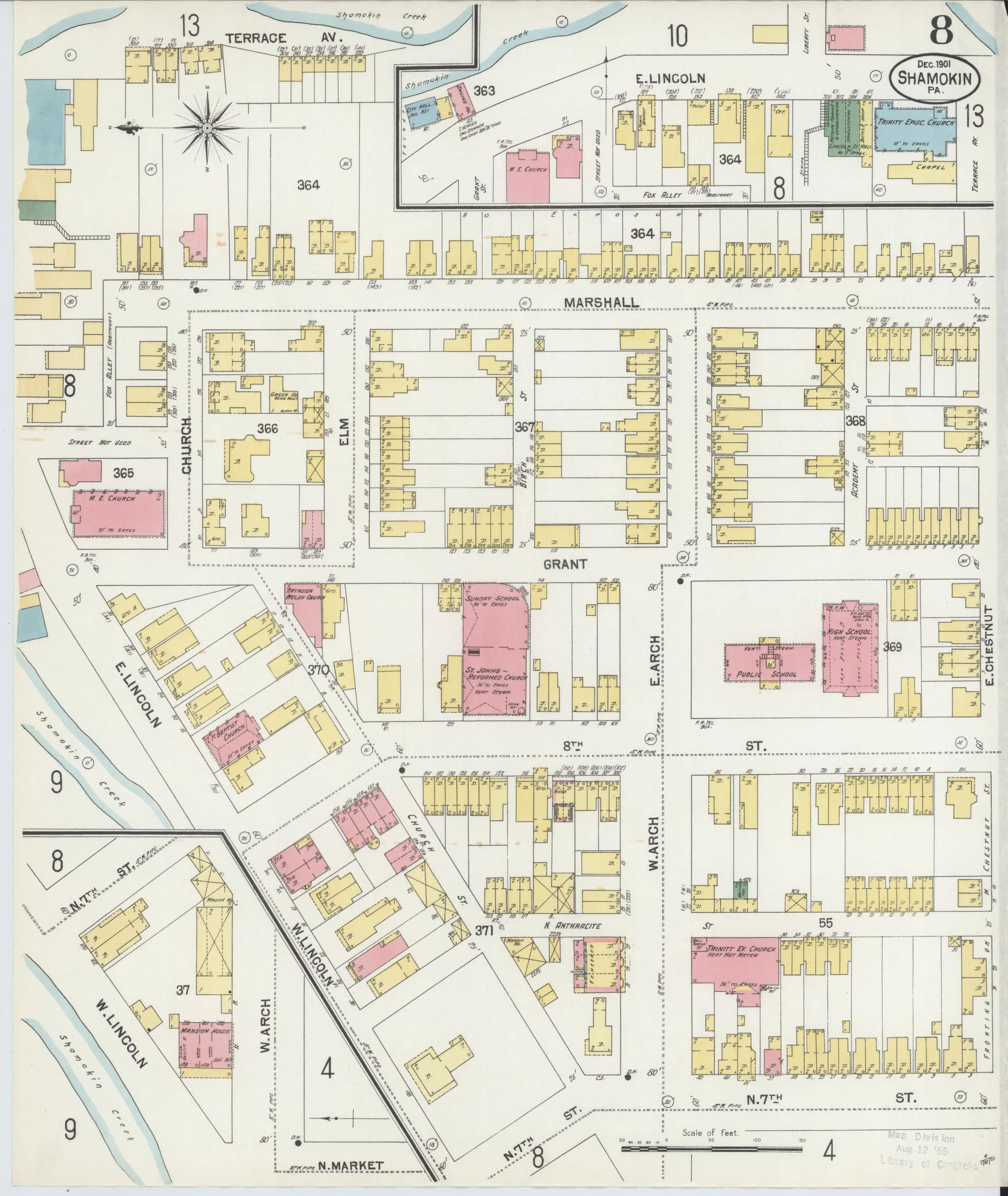 Page 8 of the December 1901 Shamokin Sanborn fire-insurance maps; streets, building footprints, and map symbols.