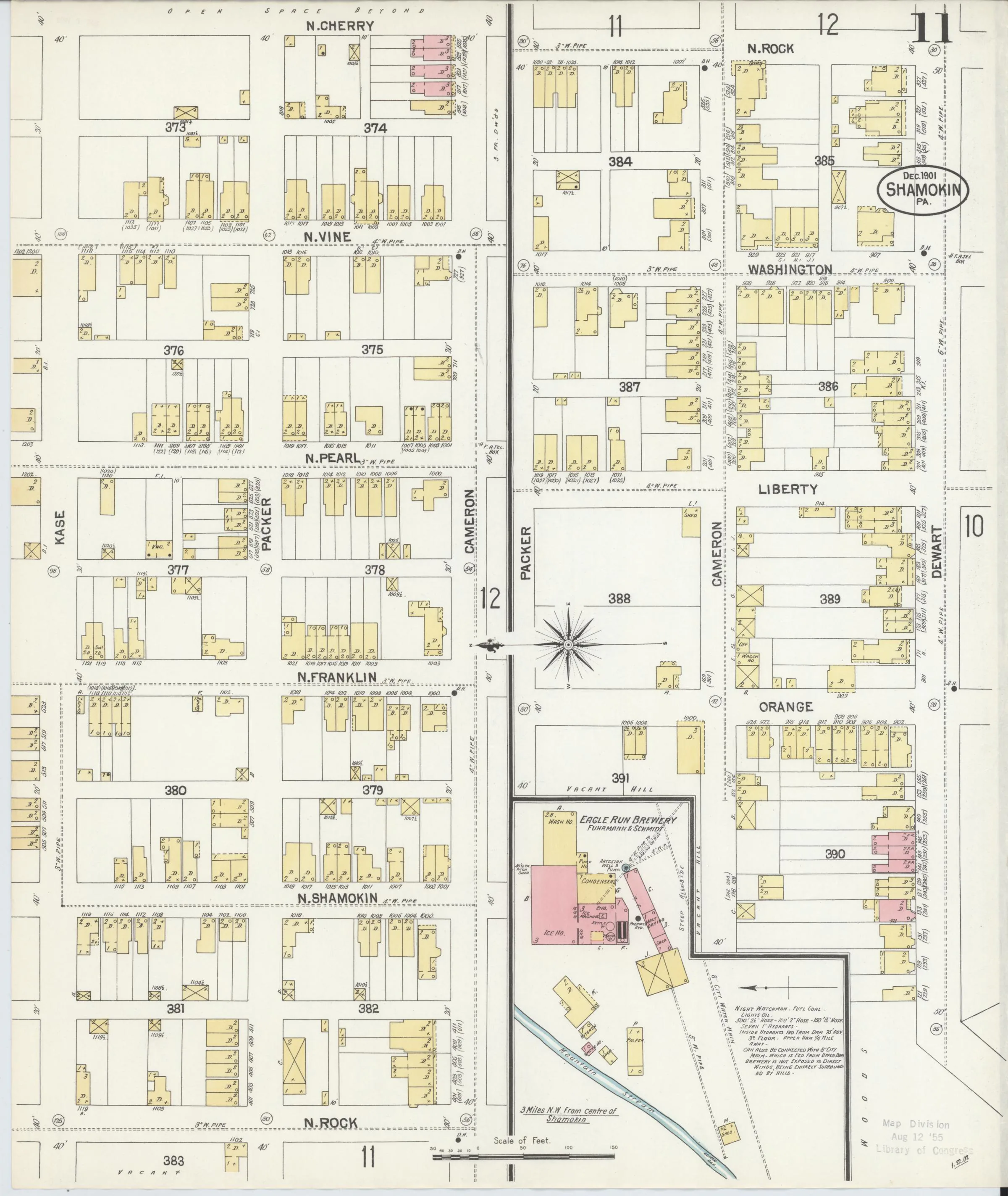 Page 11 of the December 1901 Shamokin Sanborn fire-insurance maps; streets, building footprints, and map symbols.