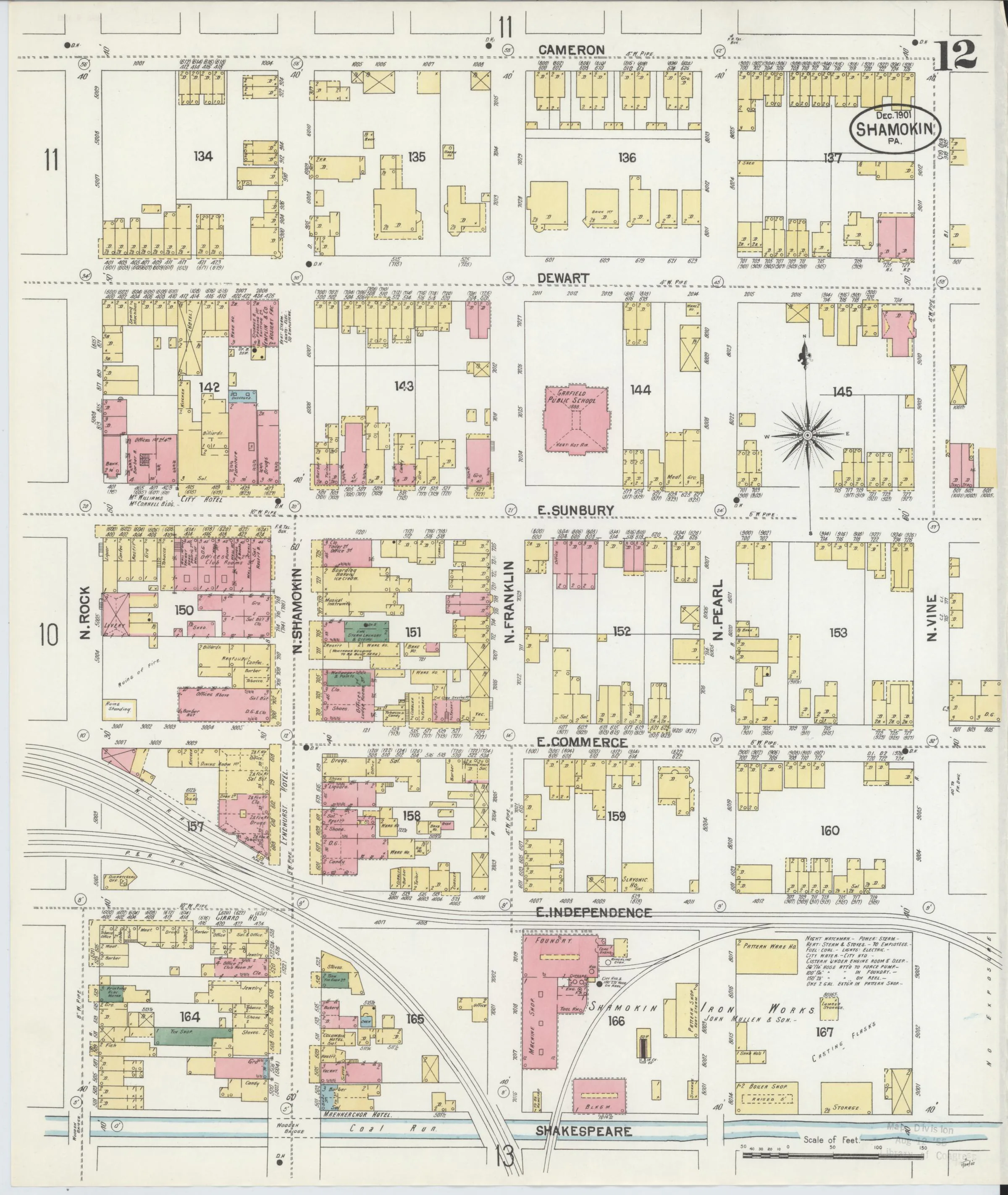 Page 12 of the December 1901 Shamokin Sanborn fire-insurance maps; streets, building footprints, and map symbols.