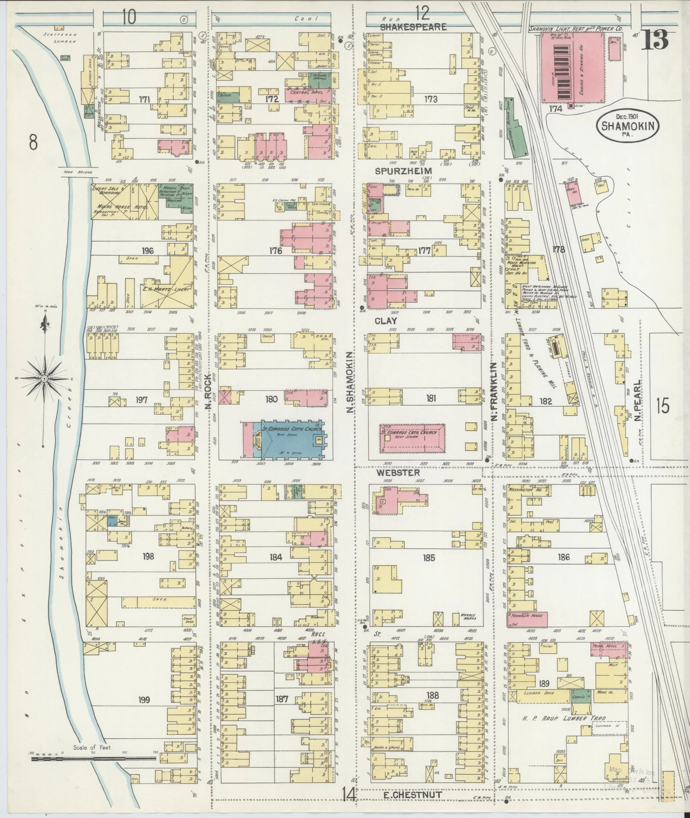 Page 13 of the December 1901 Shamokin Sanborn fire-insurance maps; streets, building footprints, and map symbols.