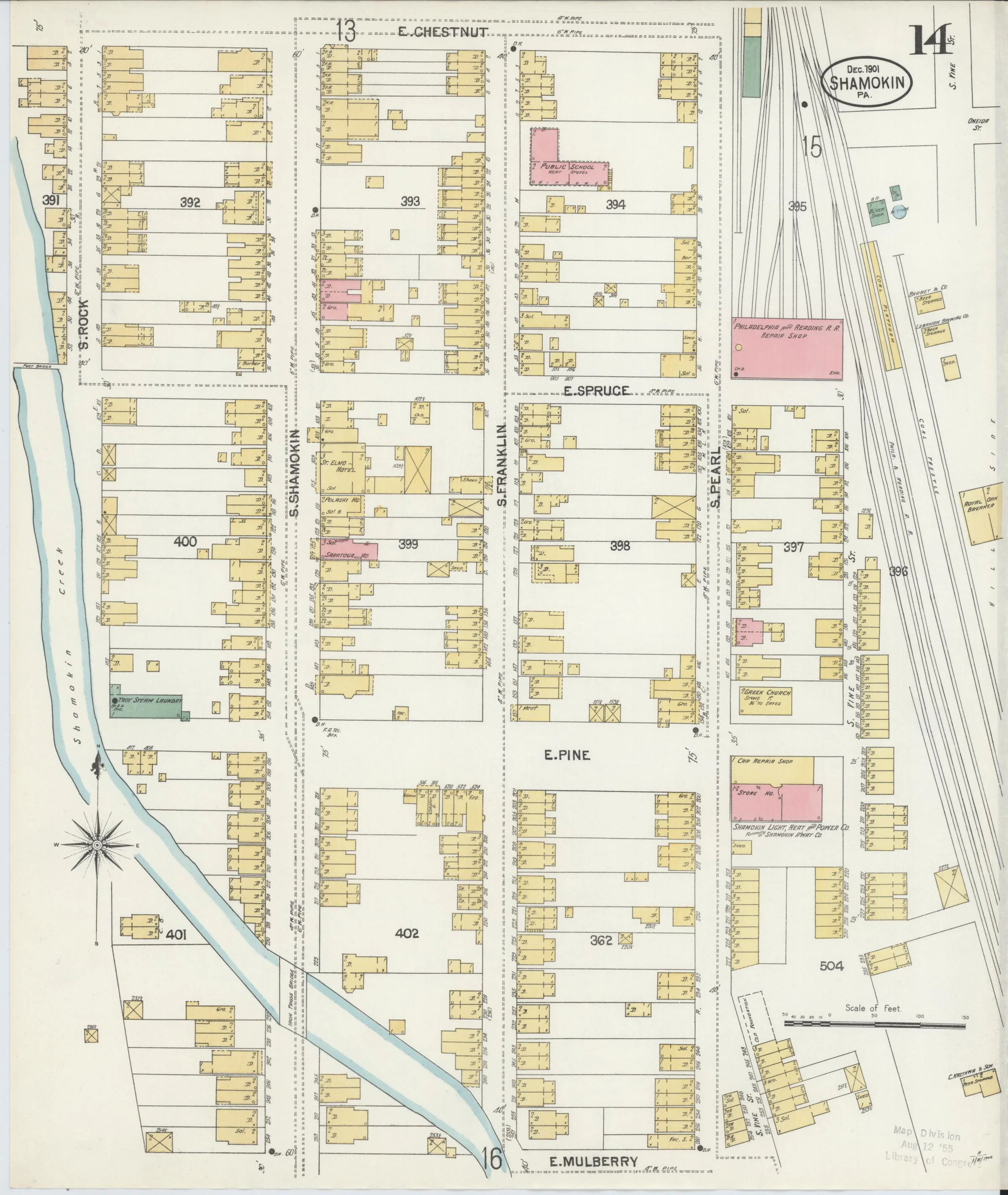 Page 14 of the December 1901 Shamokin Sanborn fire-insurance maps; streets, building footprints, and map symbols.