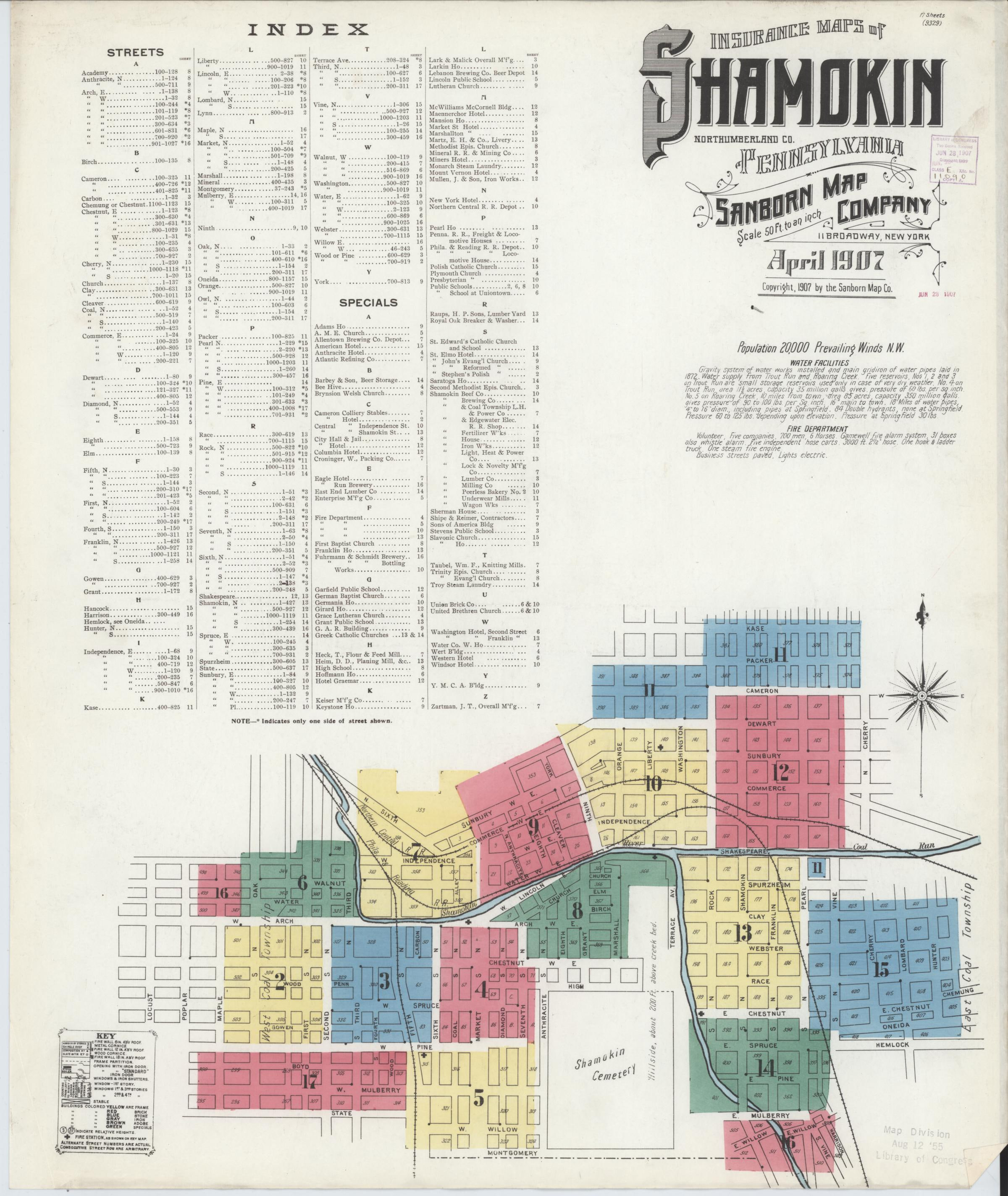 April 1907 Sanborn fire insurance map of Shamokin, Page 1.