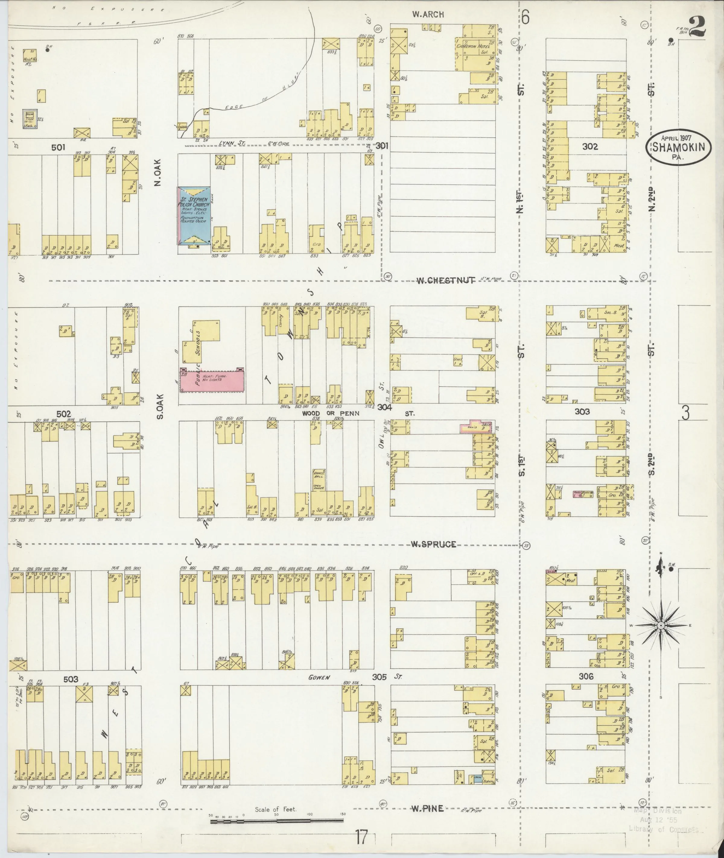 Page 2 of the April 1907 Shamokin Sanborn fire-insurance maps; streets, building footprints, and map symbols.