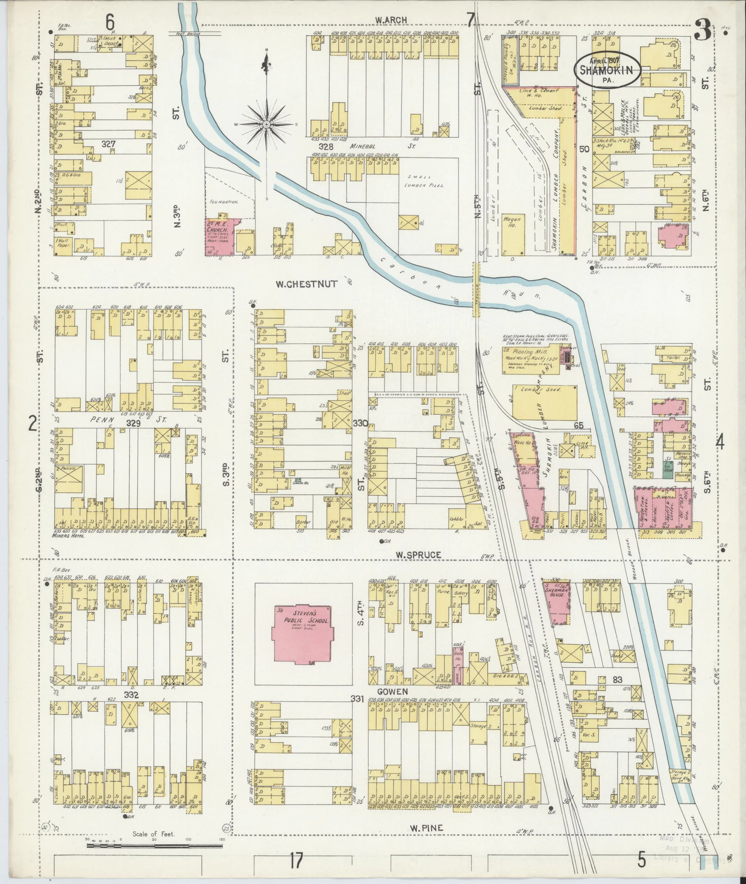 Page 3 of the April 1907 Shamokin Sanborn fire-insurance maps; streets, building footprints, and map symbols.