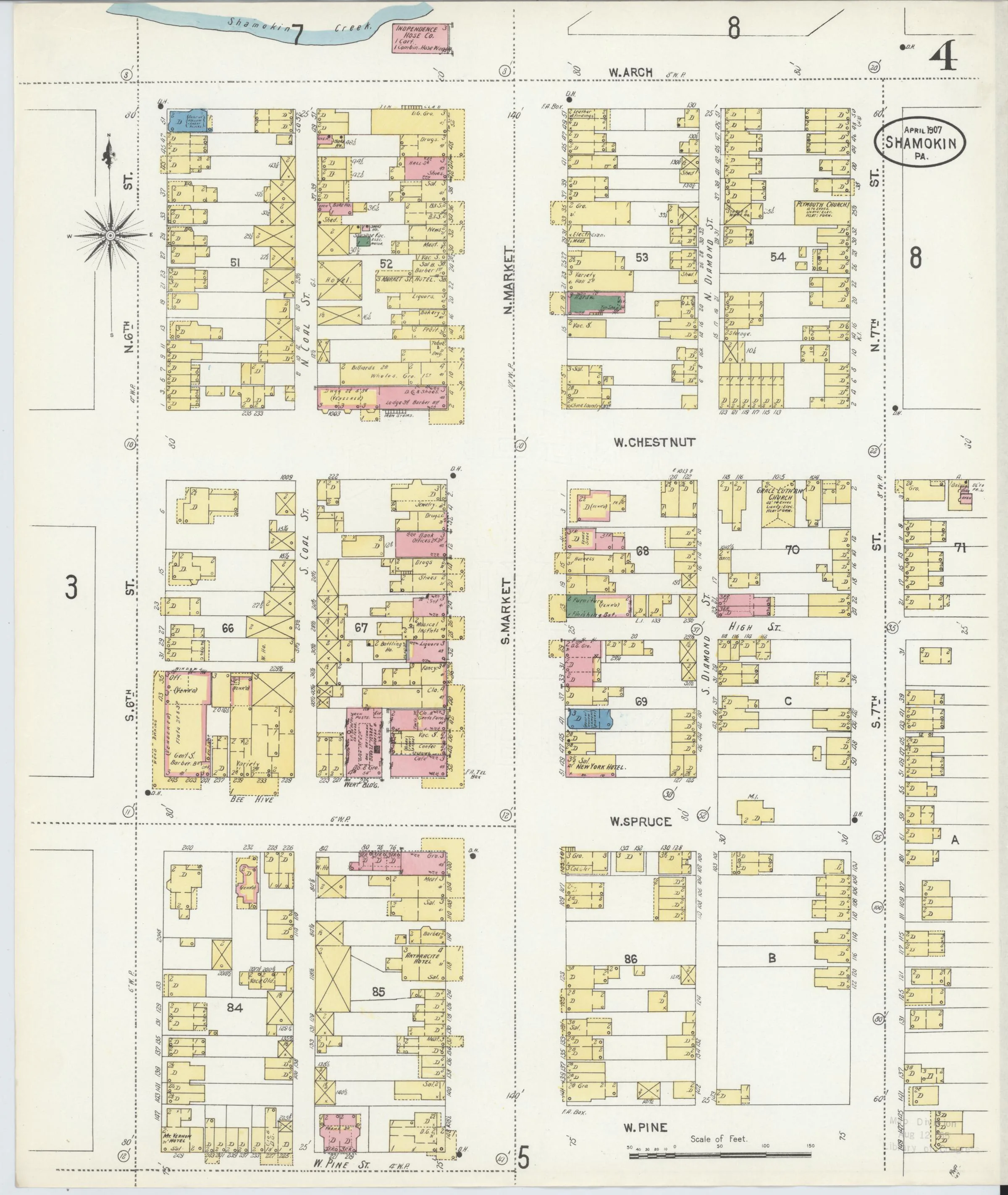 Page 4 of the April 1907 Shamokin Sanborn fire-insurance maps; streets, building footprints, and map symbols.