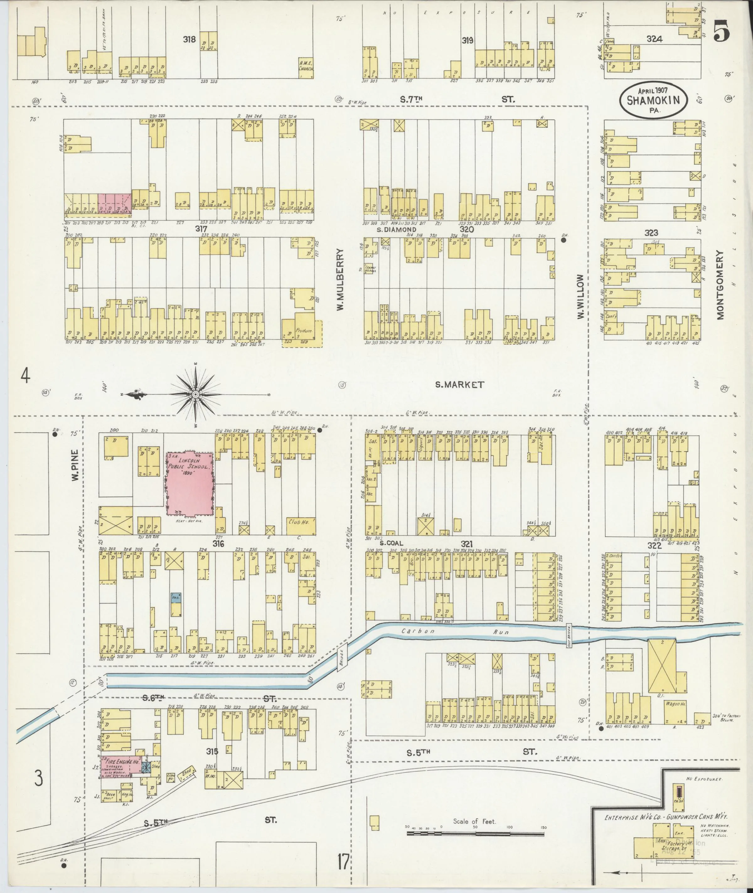 Page 5 of the April 1907 Shamokin Sanborn fire-insurance maps; streets, building footprints, and map symbols.