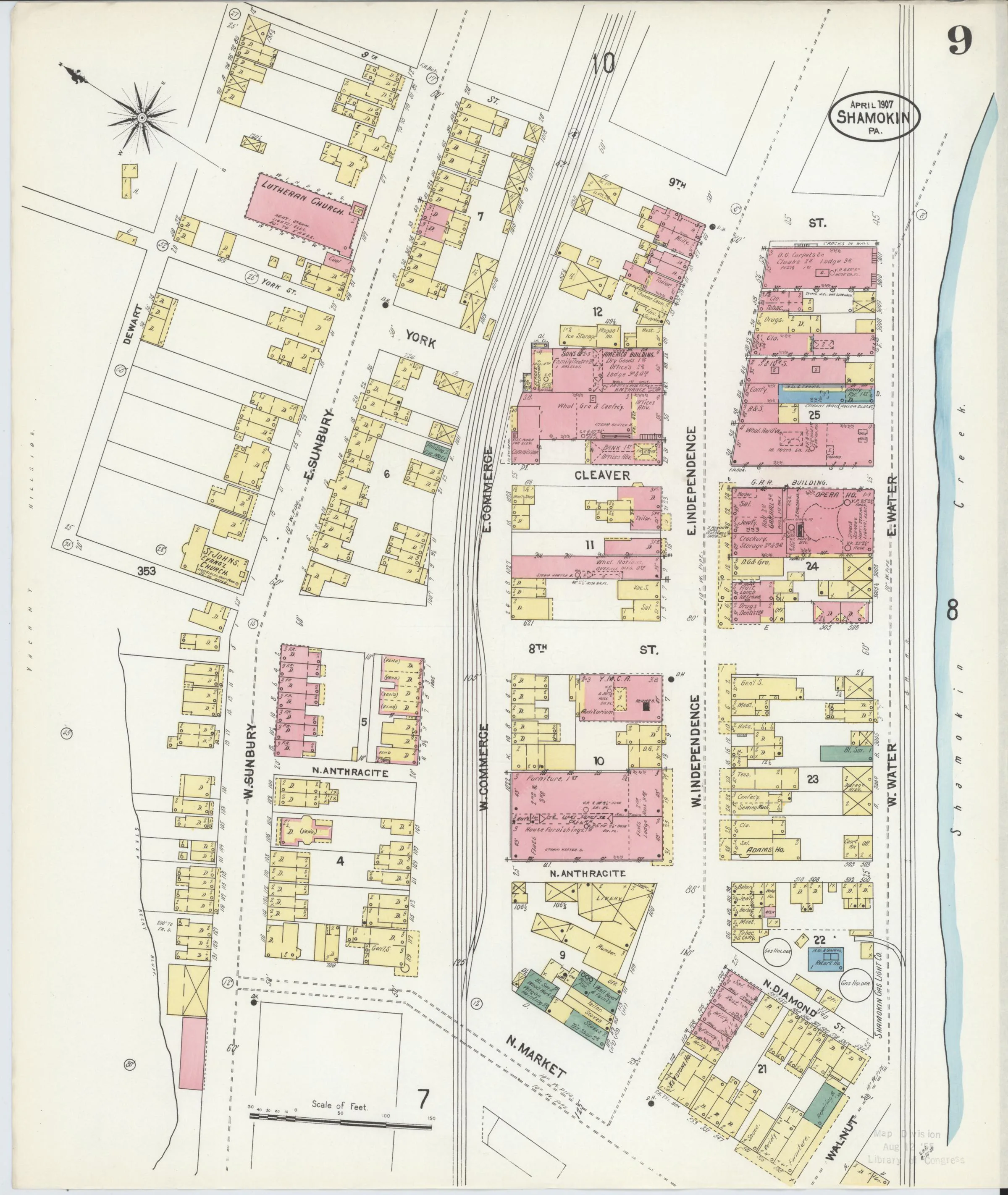 Page 9 of the April 1907 Shamokin Sanborn fire-insurance maps; streets, building footprints, and map symbols.