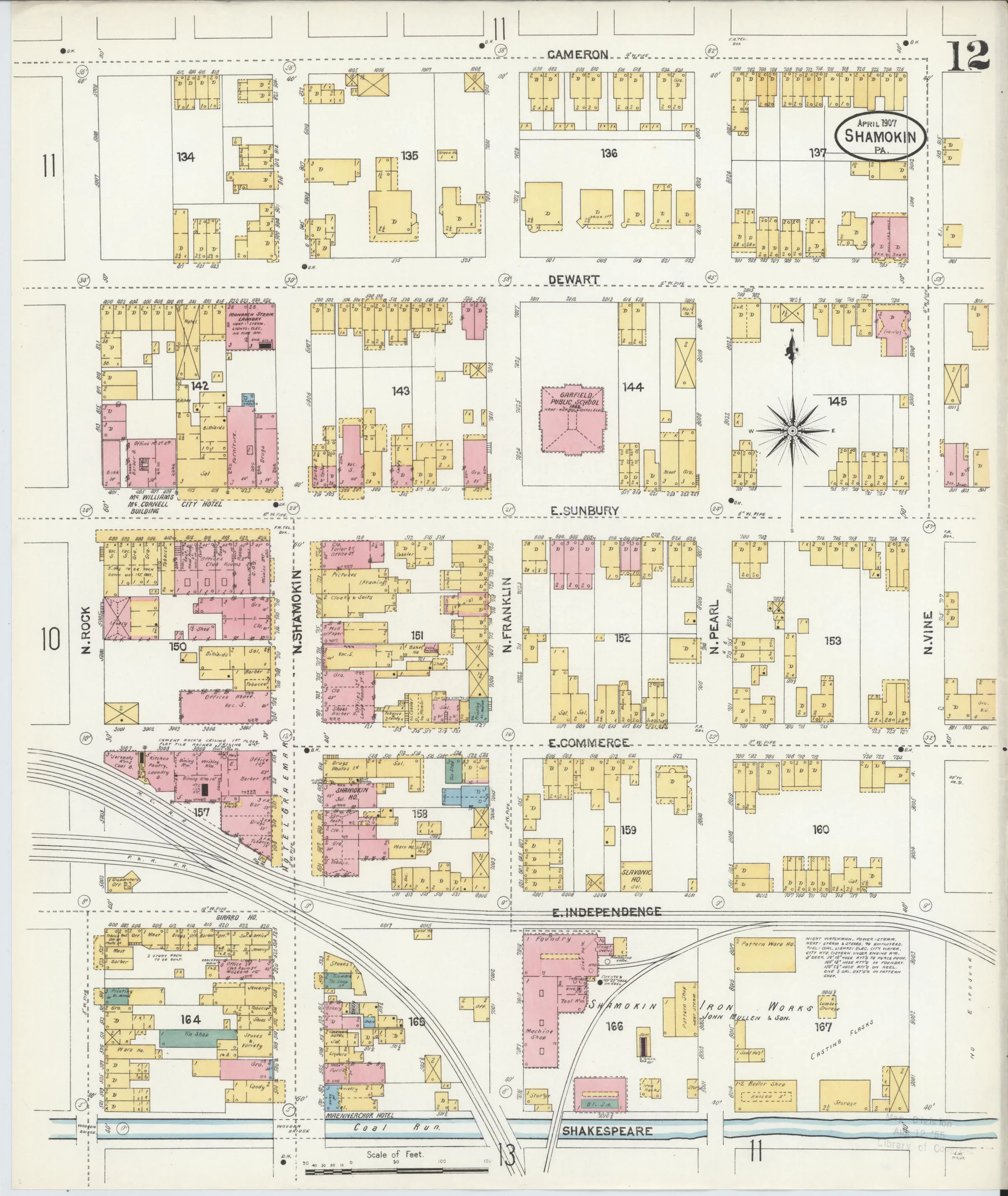 Page 12 of the April 1907 Shamokin Sanborn fire-insurance maps; streets, building footprints, and map symbols.