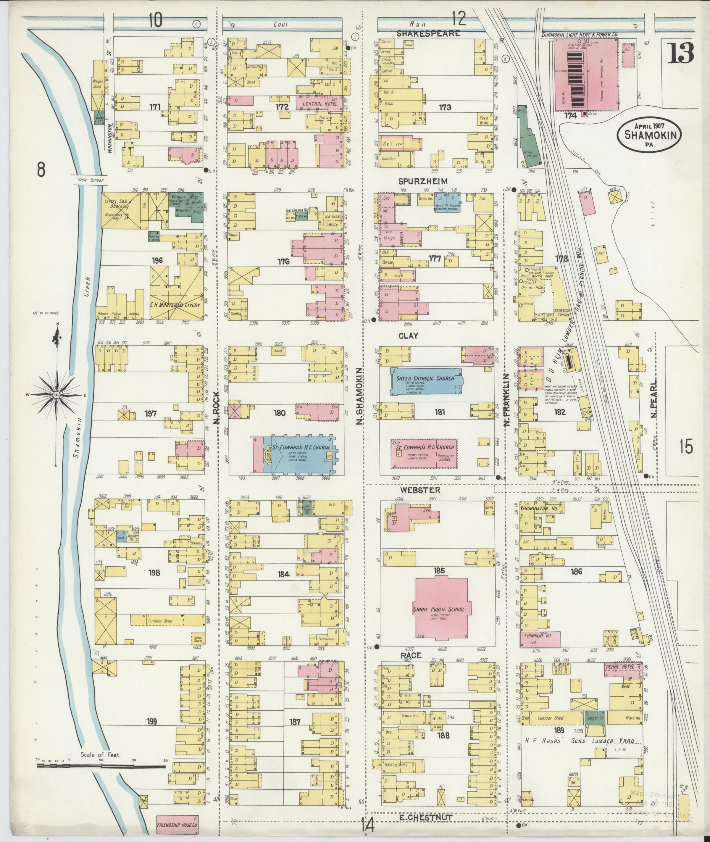 Page 13 of the April 1907 Shamokin Sanborn fire-insurance maps; streets, building footprints, and map symbols.