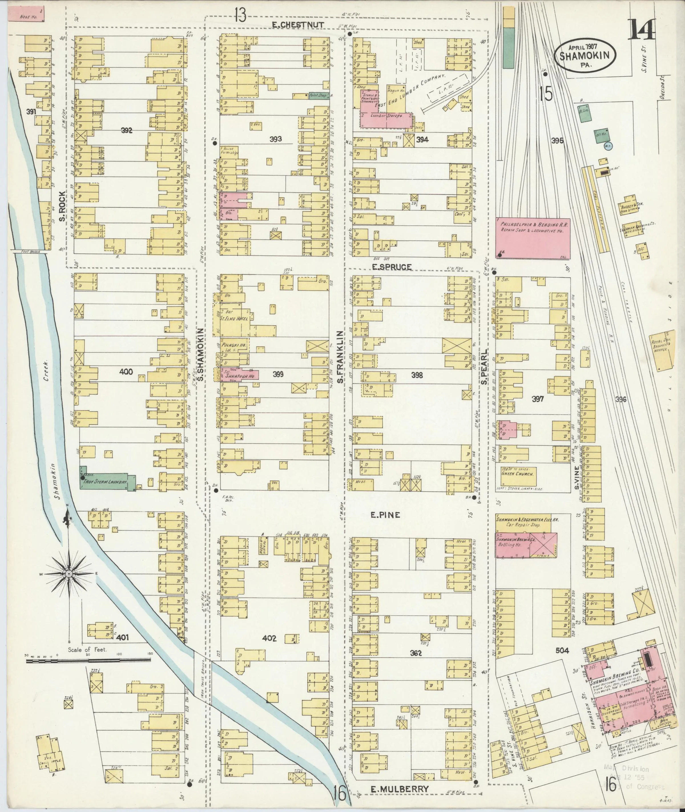 Page 14 of the April 1907 Shamokin Sanborn fire-insurance maps; streets, building footprints, and map symbols.