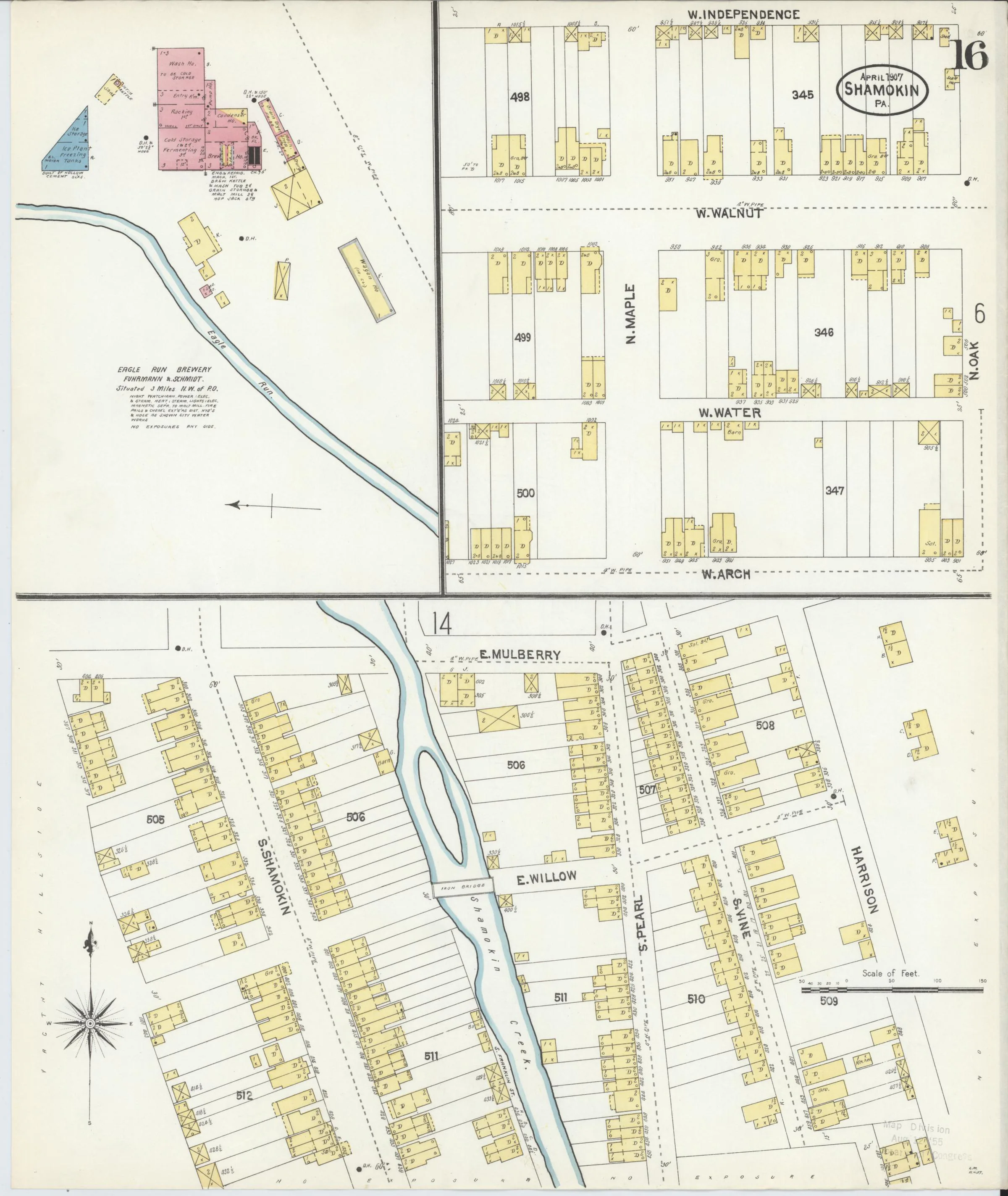 Page 16 of the April 1907 Shamokin Sanborn fire-insurance maps; streets, building footprints, and map symbols.