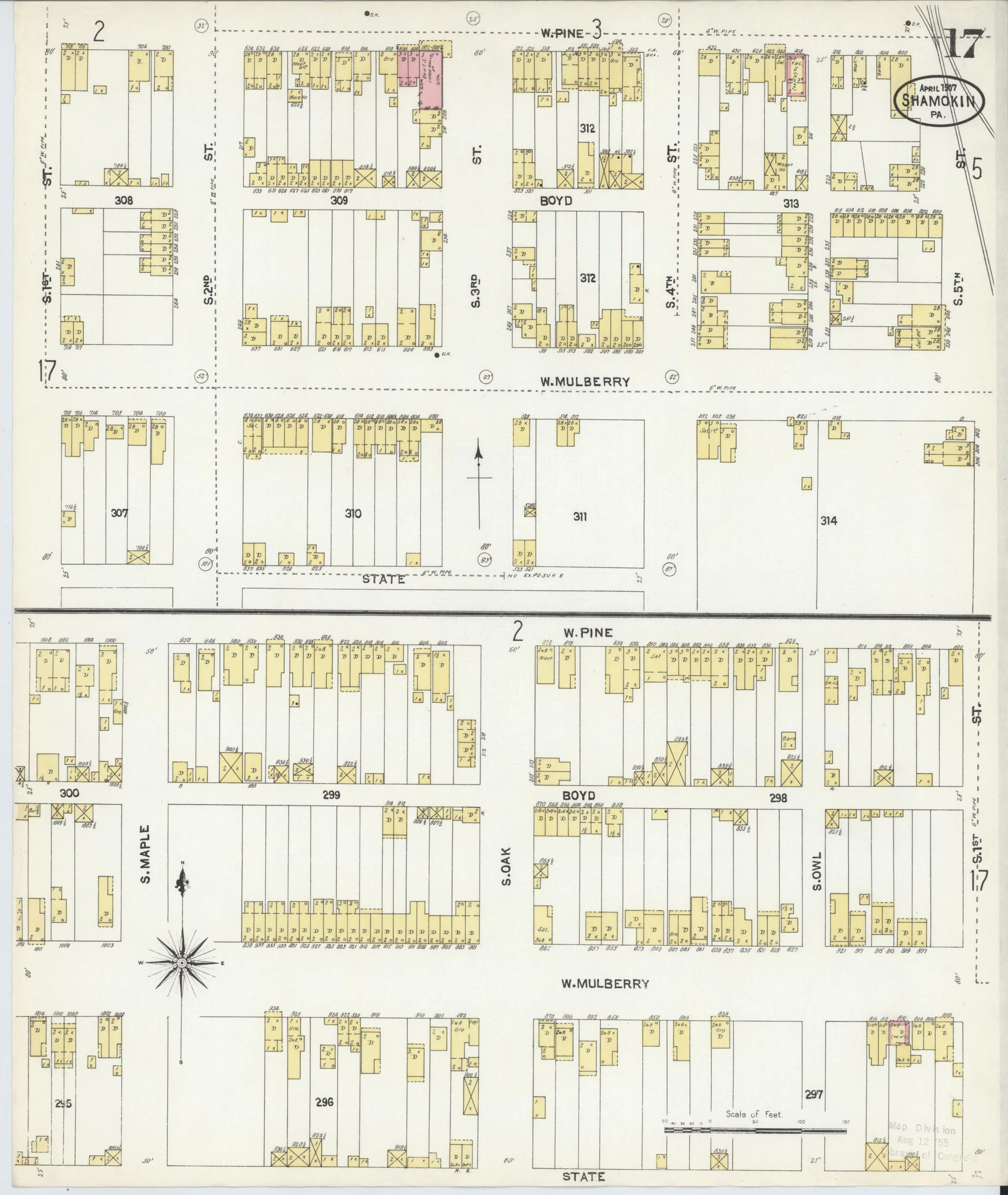 Page 17 of the April 1907 Shamokin Sanborn fire-insurance maps; streets, building footprints, and map symbols.