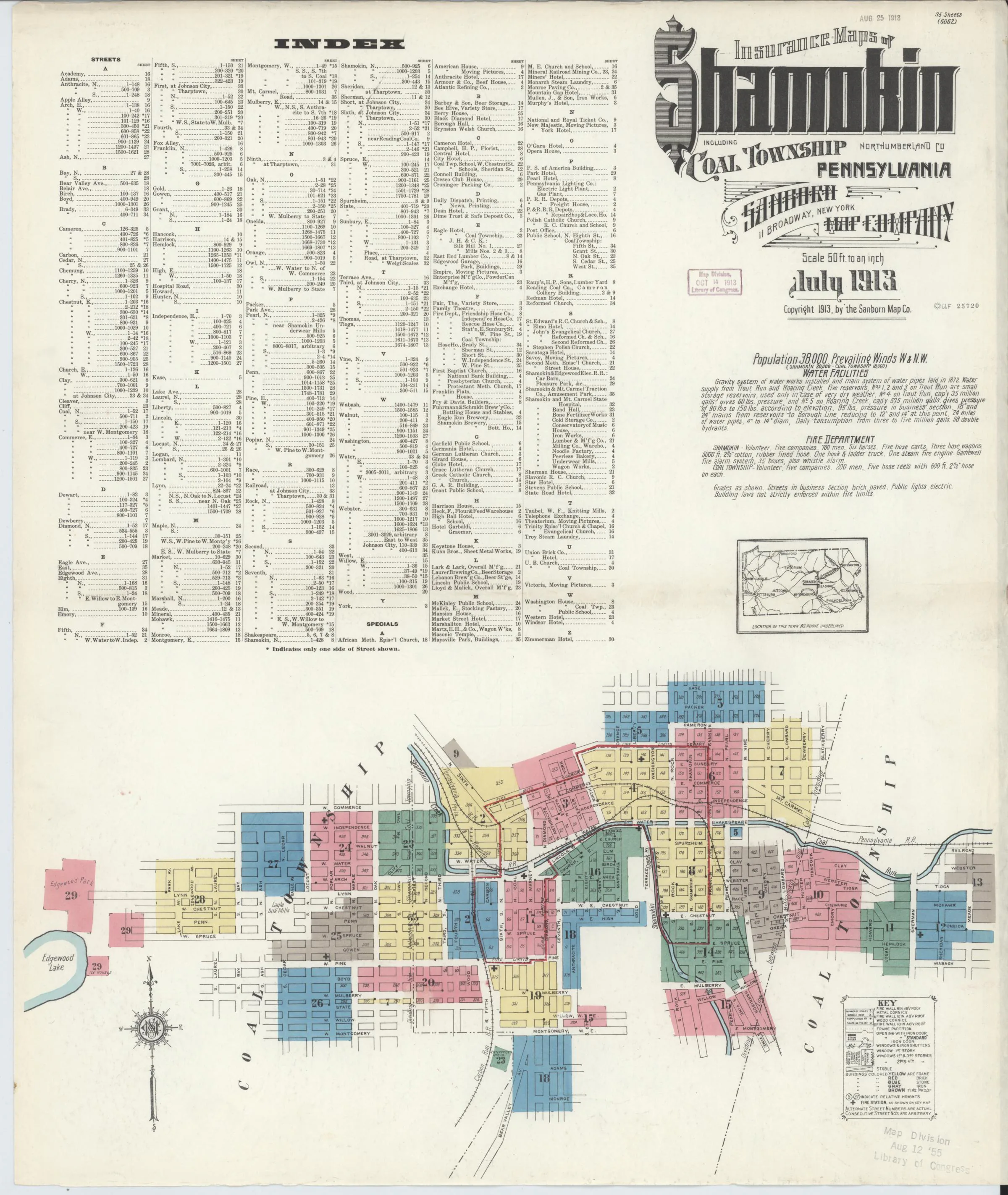 Page 1 of the July 1913 Shamokin Sanborn fire-insurance maps; streets, building footprints, and map symbols.