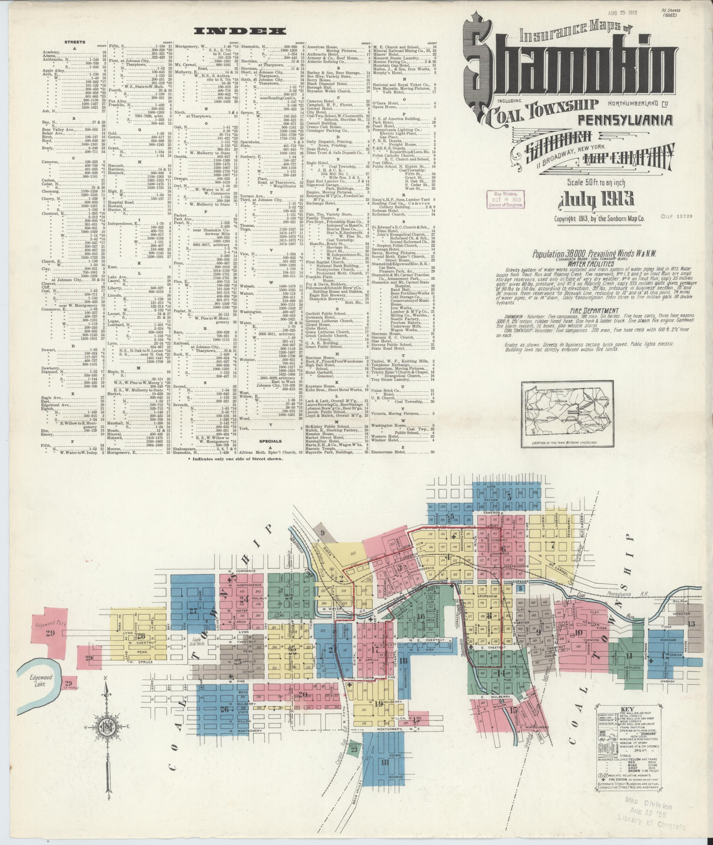July 1913 Sanborn fire insurance map of Shamokin, Page 1.
