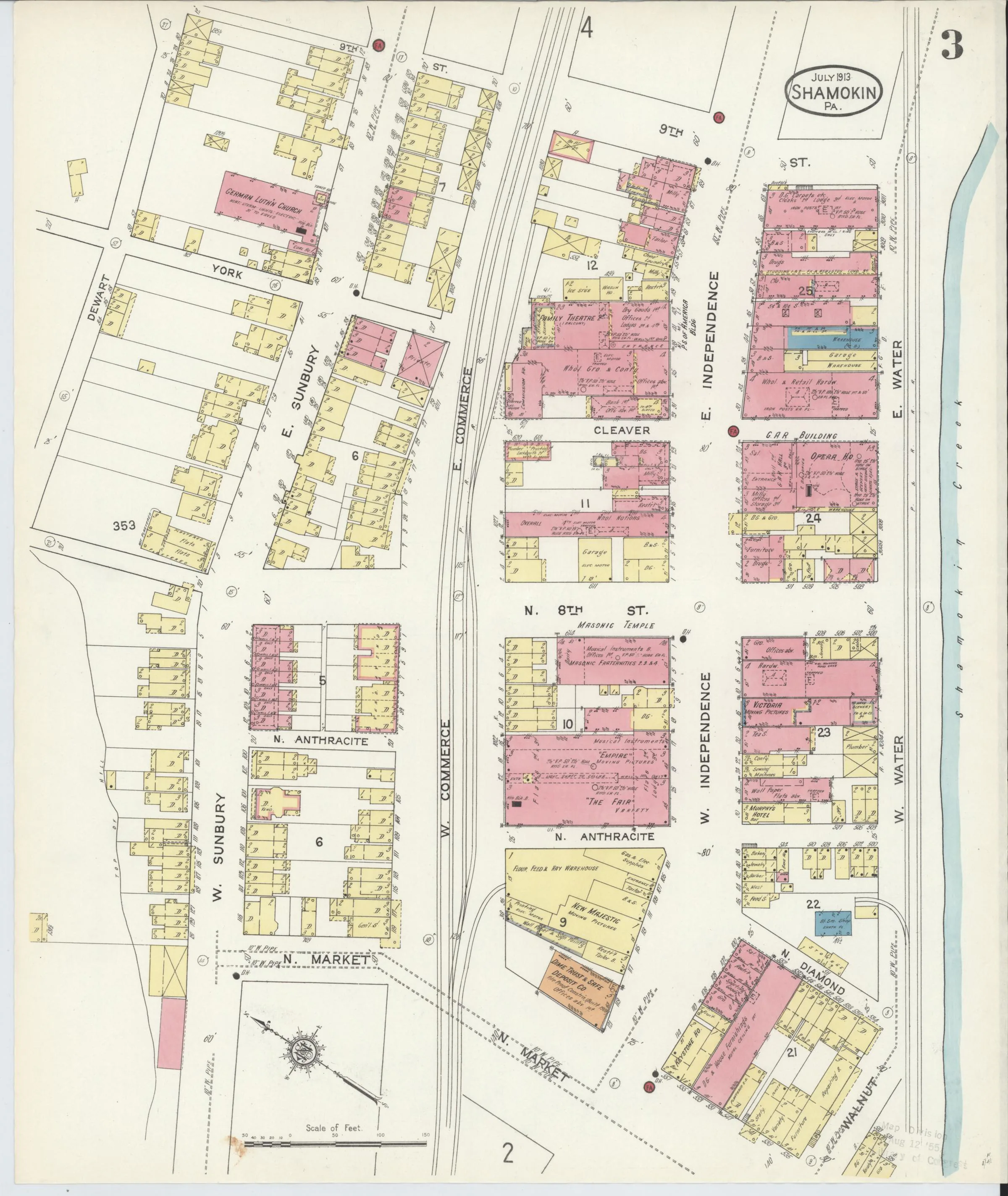 Page 3 of the July 1913 Shamokin Sanborn fire-insurance maps; streets, building footprints, and map symbols.